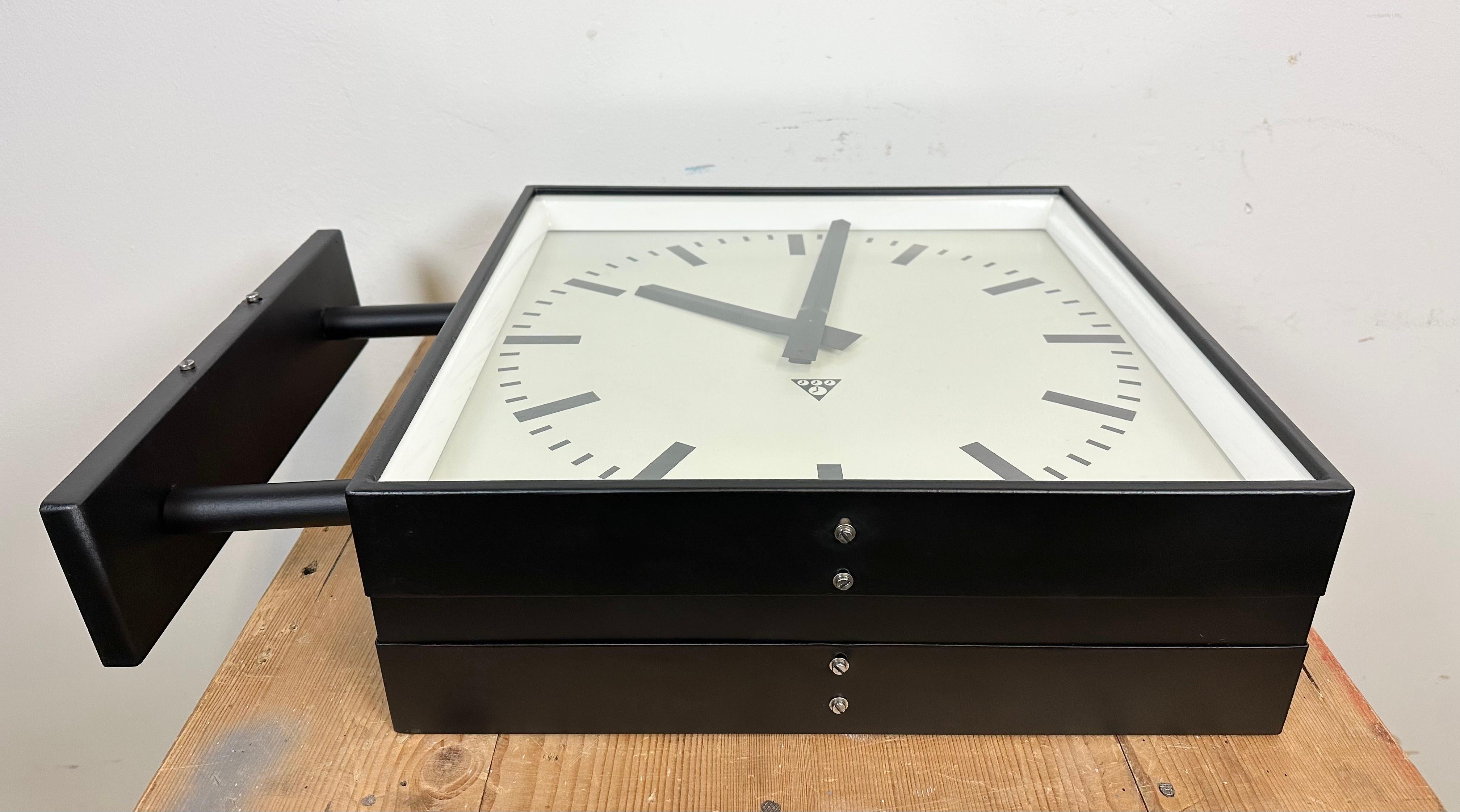 Large Square Industrial Double-Sided Factory Wall Clock from Pragotron, 1970s 9