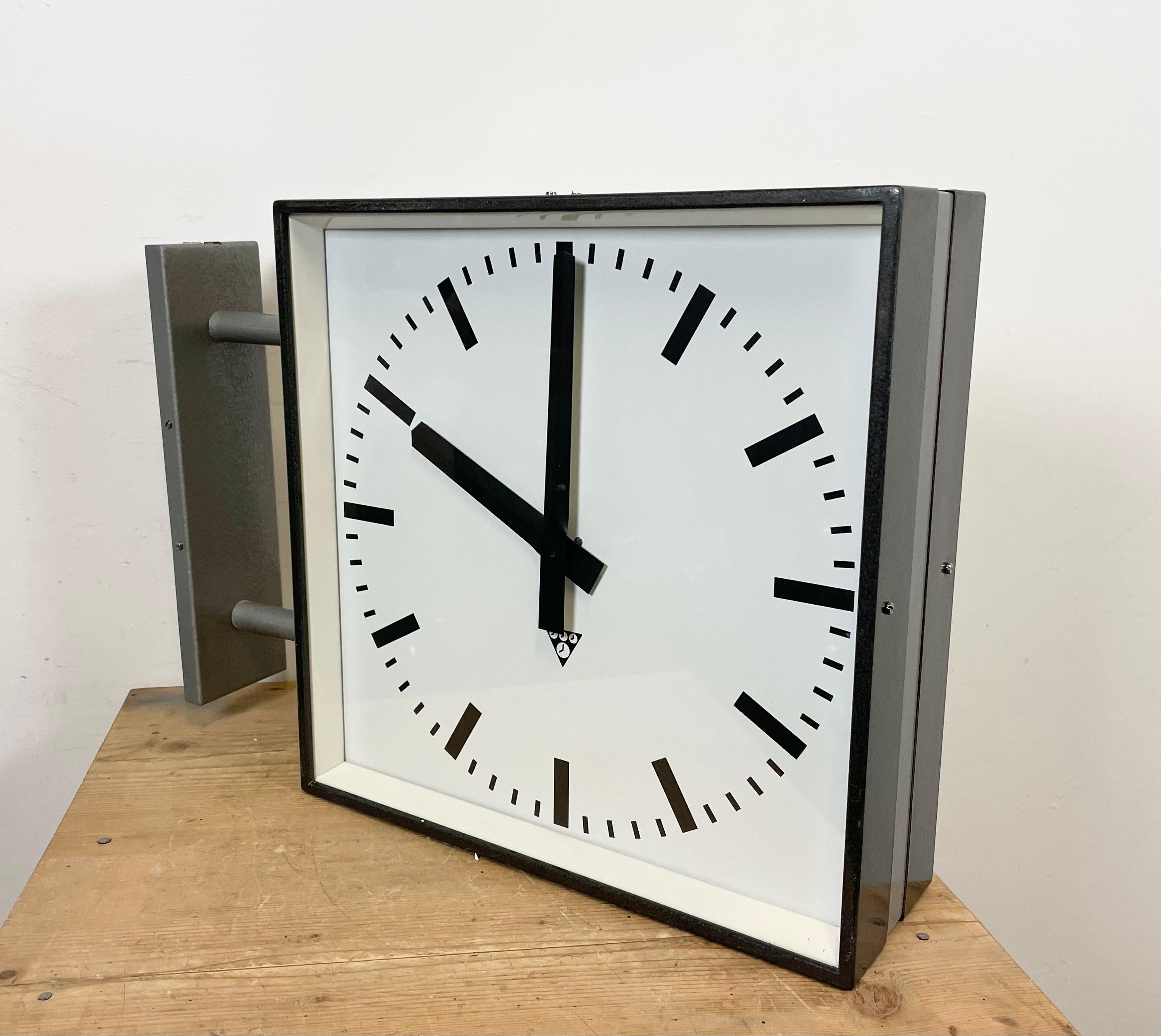 Large Square Industrial Double-Sided Factory Wall Clock from Pragotron, 1970s 10