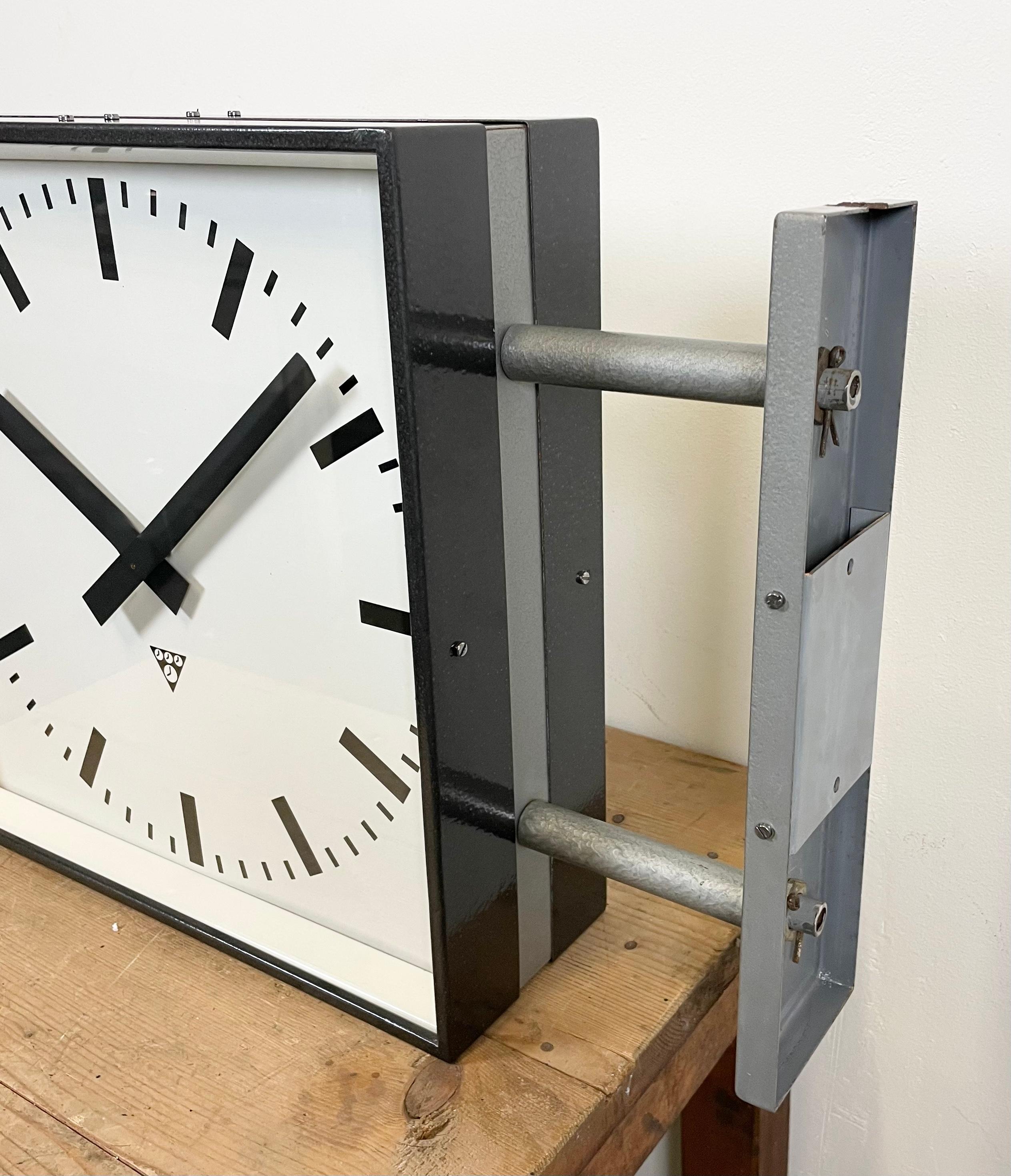 Czech Large Square Industrial Double-Sided Factory Wall Clock from Pragotron, 1970s