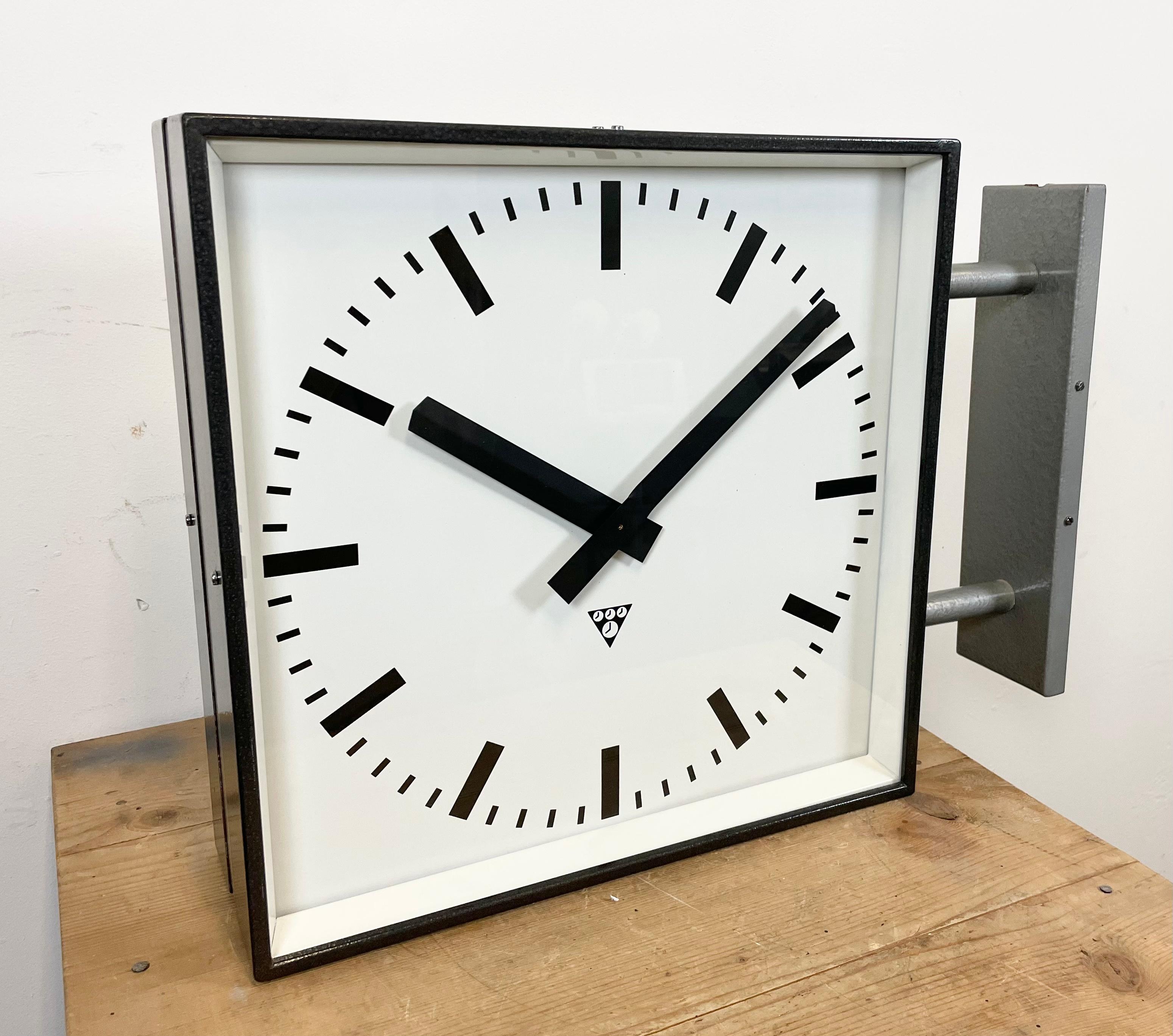 Lacquered Large Square Industrial Double-Sided Factory Wall Clock from Pragotron, 1970s