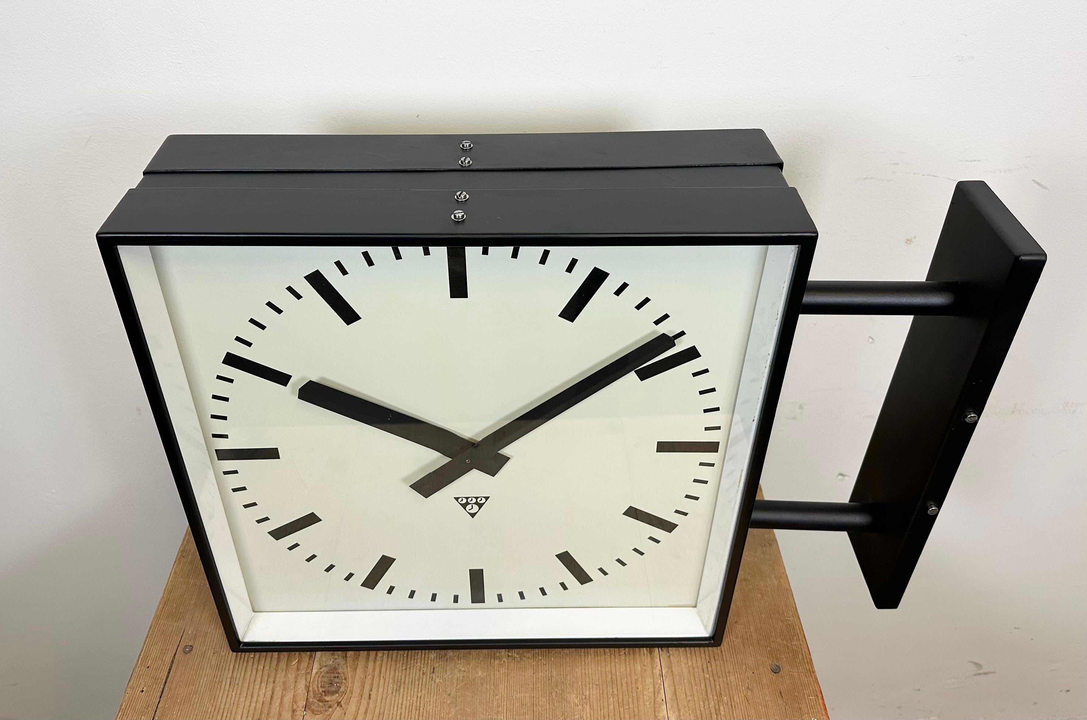 Czech Large Square Industrial Double-Sided Factory Wall Clock from Pragotron, 1970s