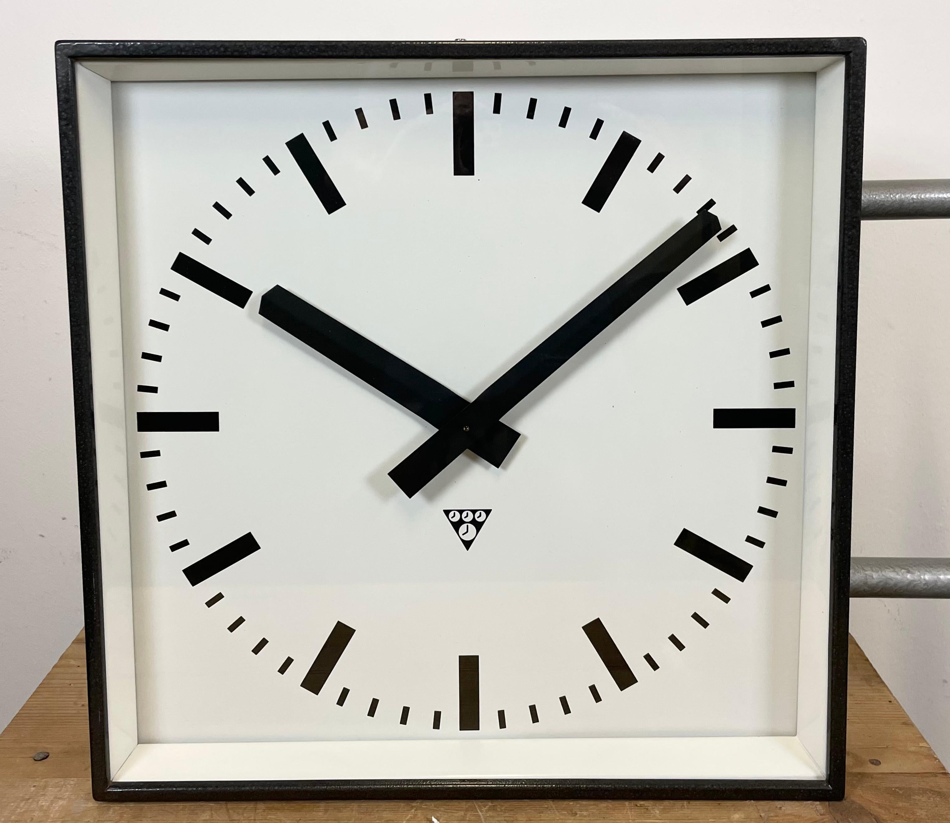 Large Square Industrial Double-Sided Factory Wall Clock from Pragotron, 1970s In Good Condition In Kojetice, CZ