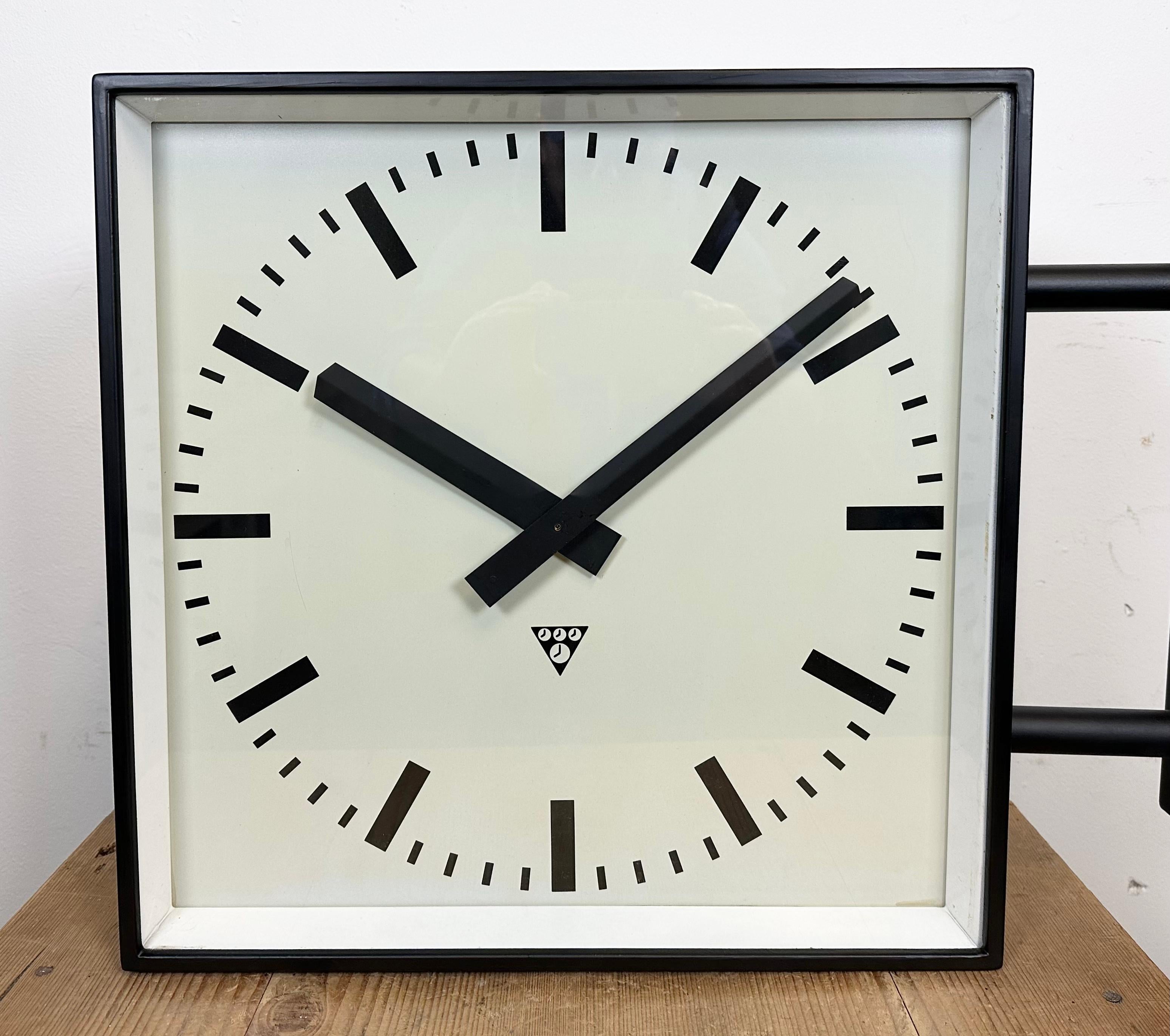 Late 20th Century Large Square Industrial Double-Sided Factory Wall Clock from Pragotron, 1970s