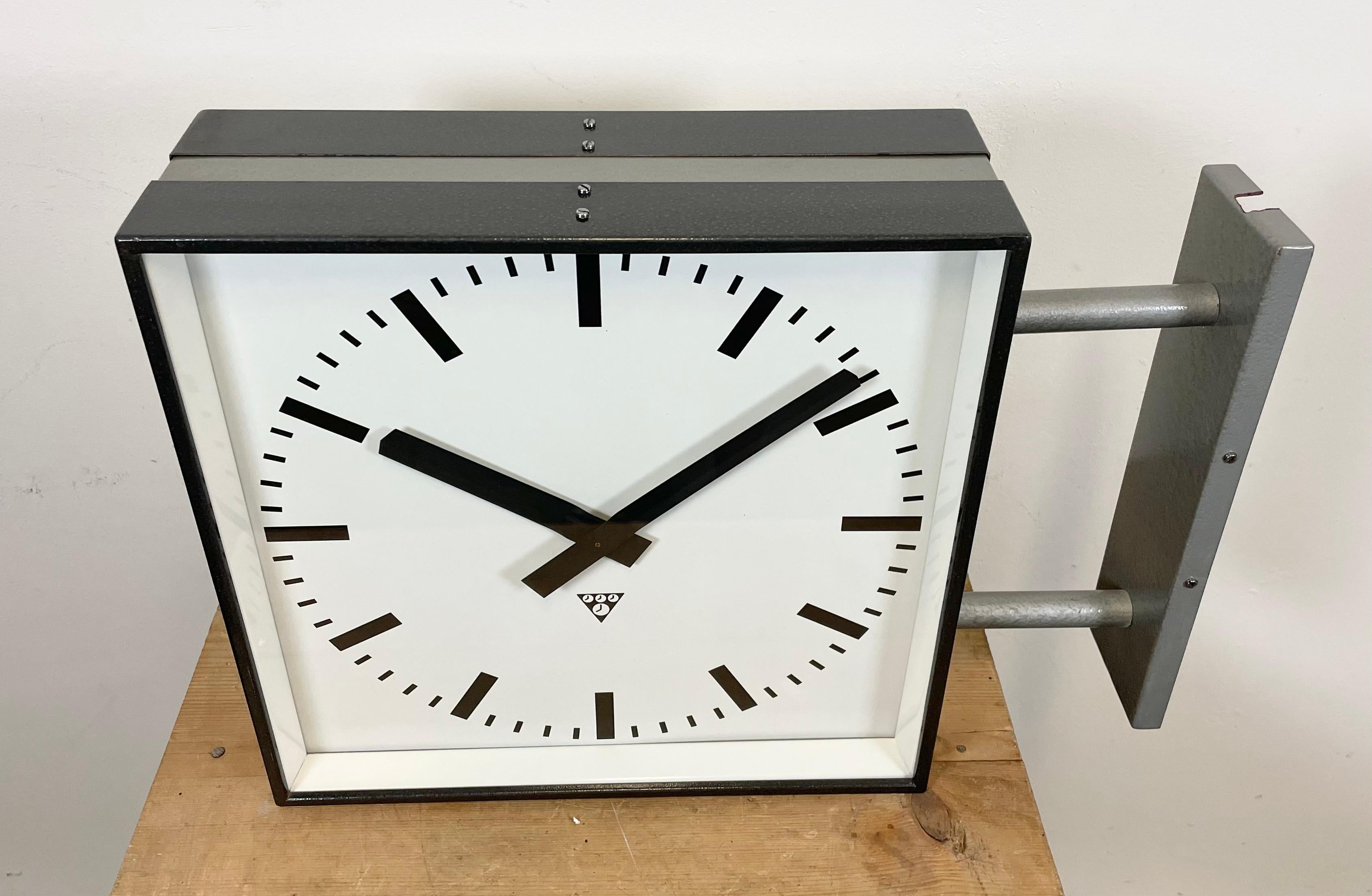 Aluminum Large Square Industrial Double-Sided Factory Wall Clock from Pragotron, 1970s