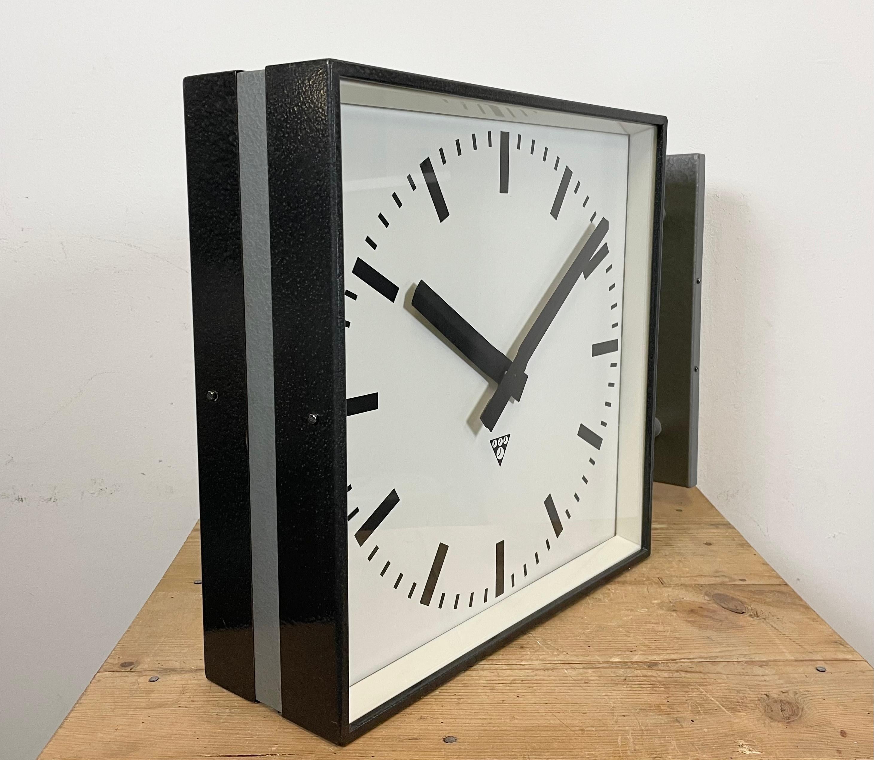 Large Square Industrial Double-Sided Factory Wall Clock from Pragotron, 1970s 1