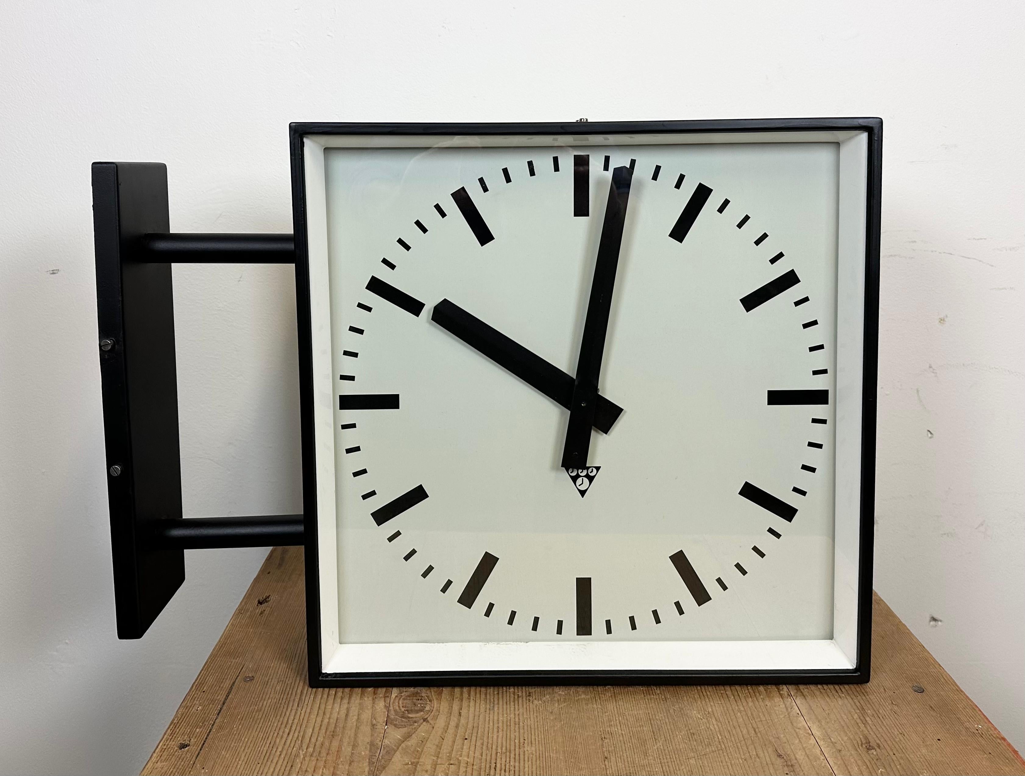 Large Square Industrial Double-Sided Factory Wall Clock from Pragotron, 1970s 2