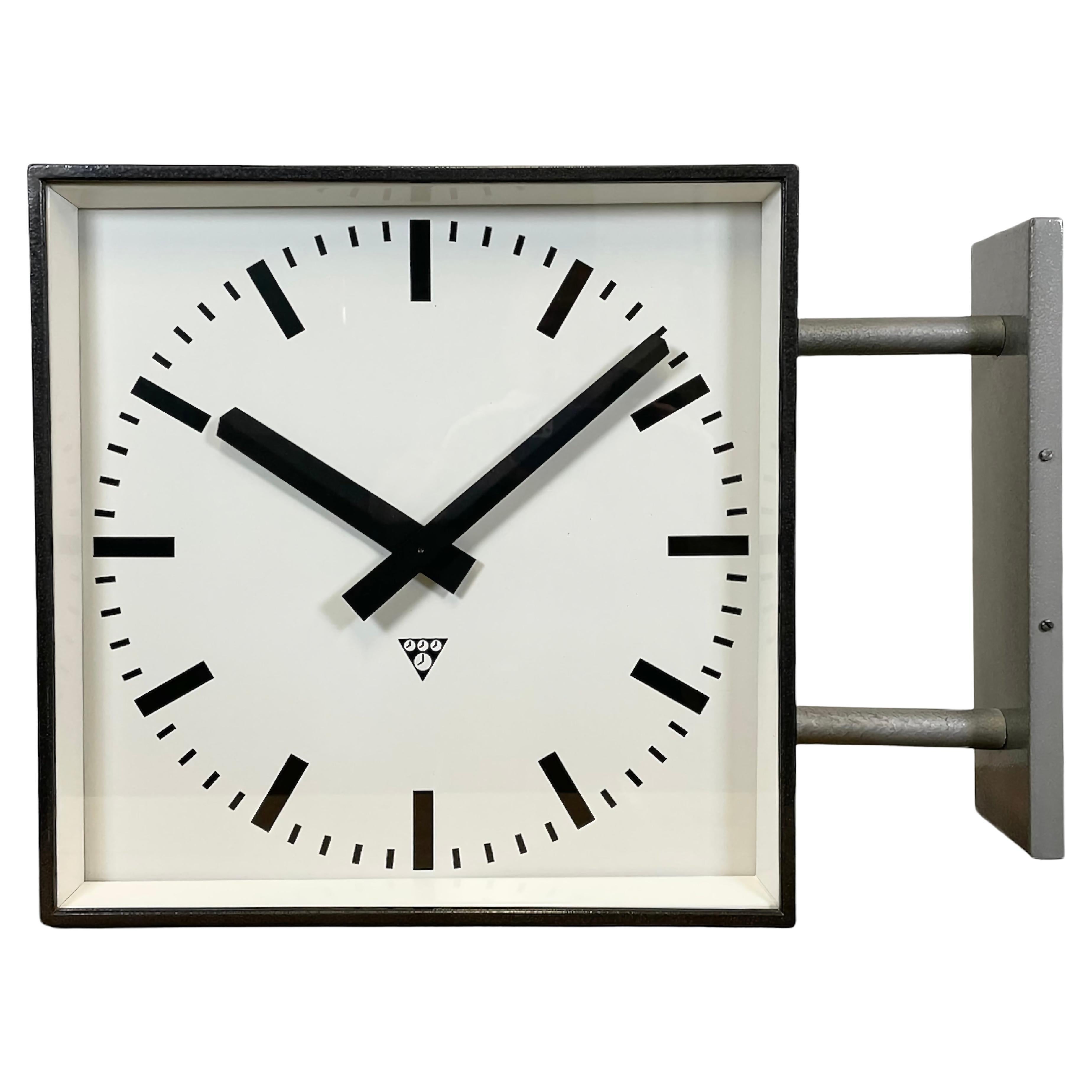 Large Square Industrial Double-Sided Factory Wall Clock from Pragotron, 1970s