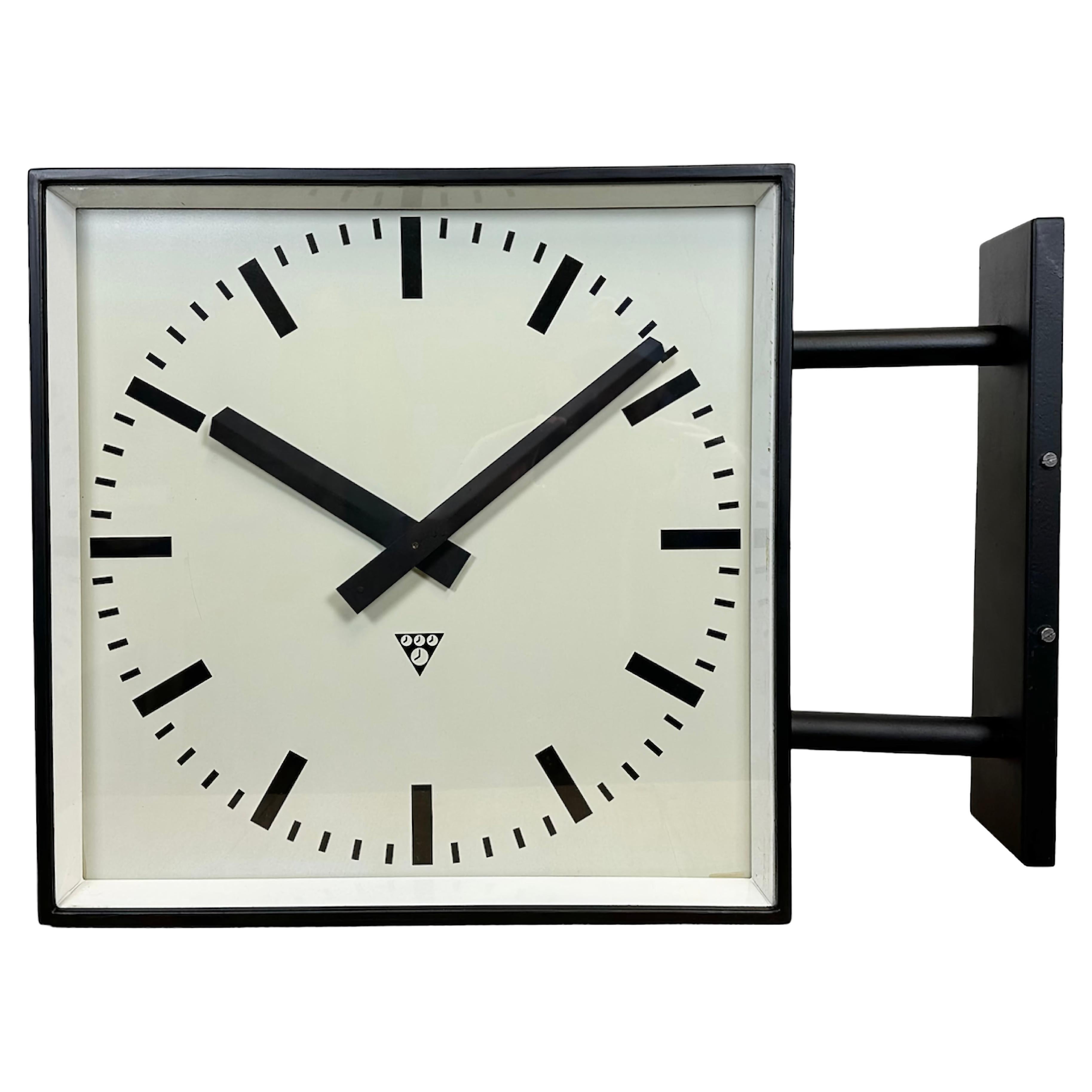Large Square Industrial Double-Sided Factory Wall Clock from Pragotron, 1970s