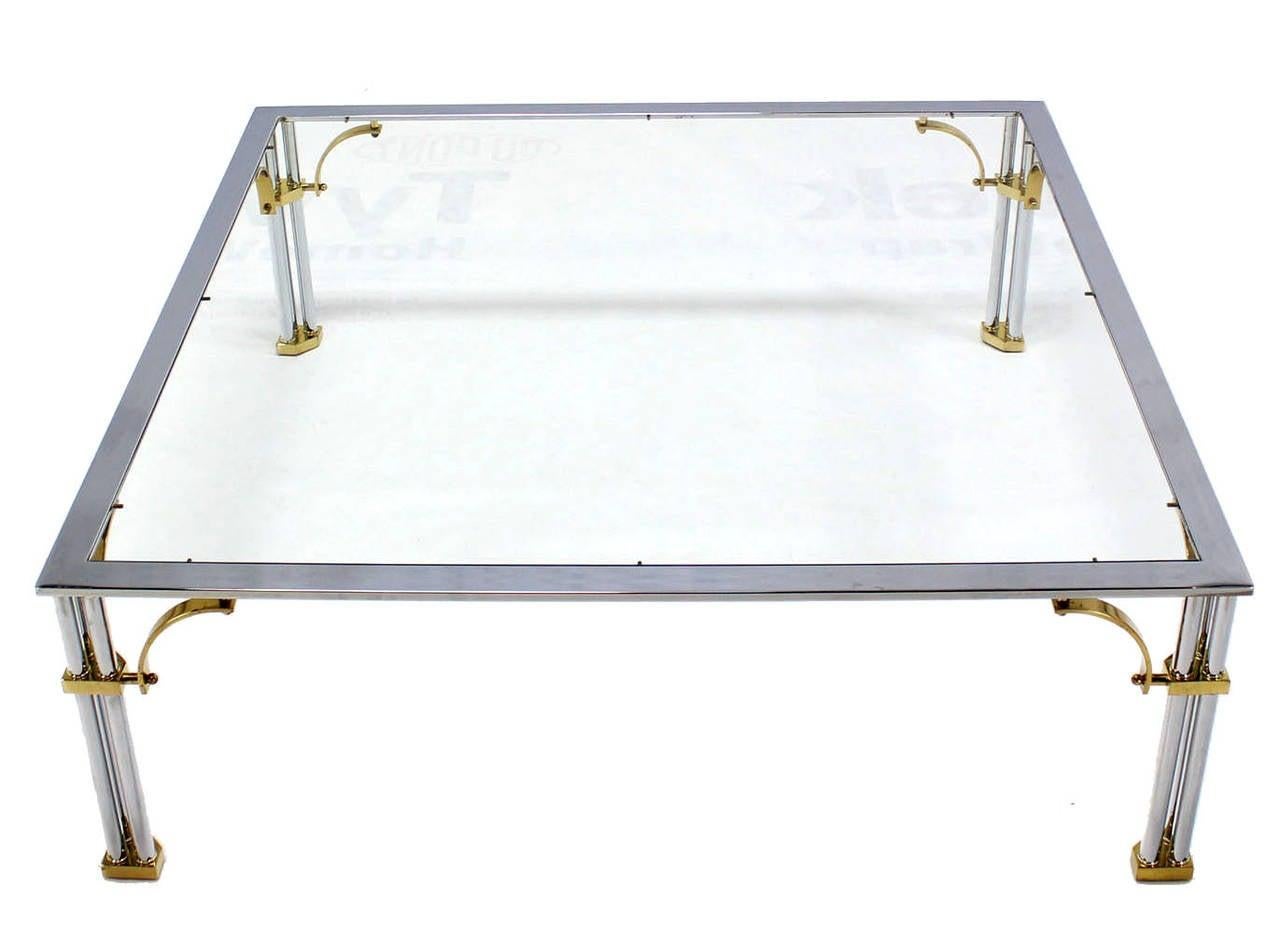Large Square Italian Mid Century Modern Brass Chrome Glass Top Coffee Table MINT For Sale 4