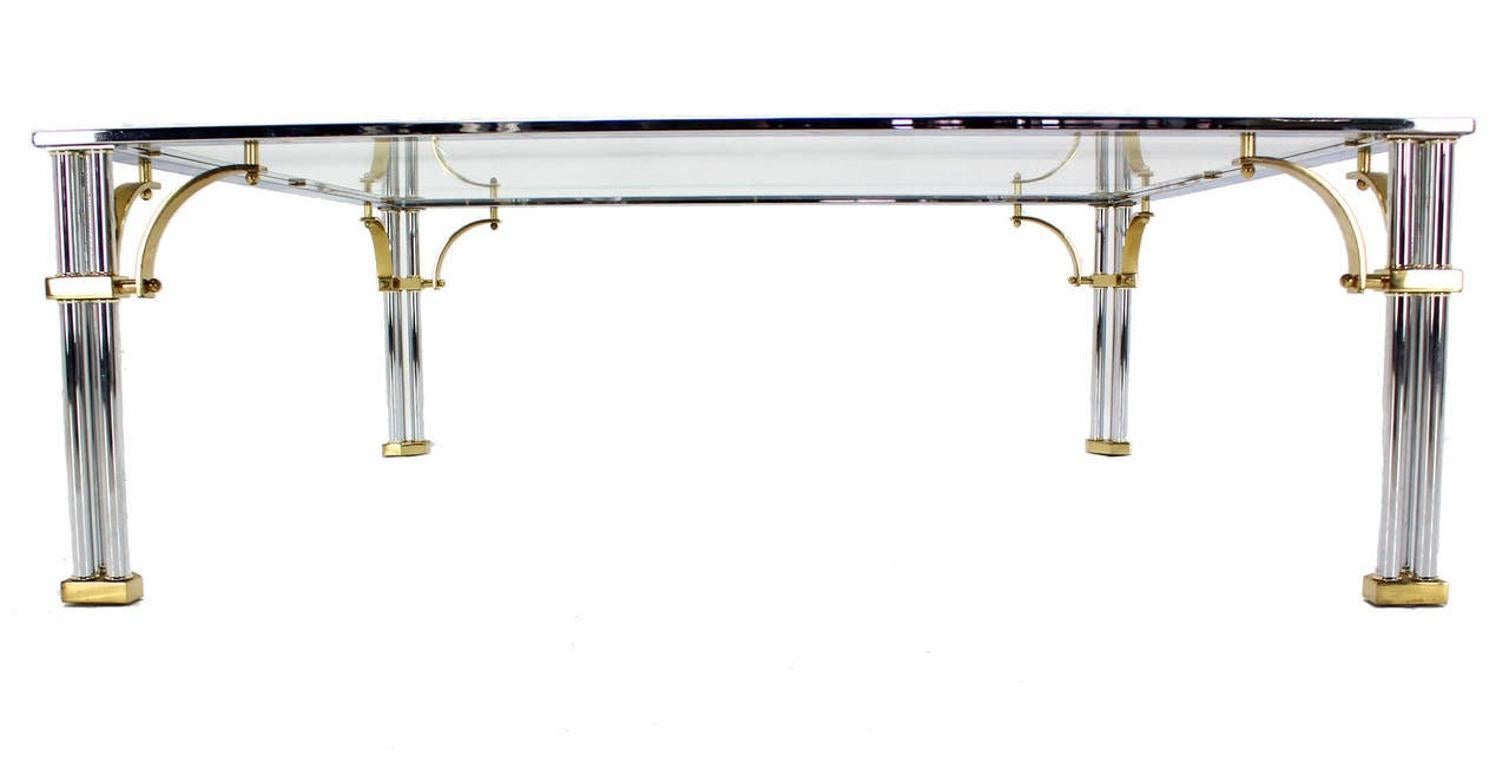 Large Square Italian Mid Century Modern Brass Chrome Glass Top Coffee Table MINT In Good Condition For Sale In Rockaway, NJ