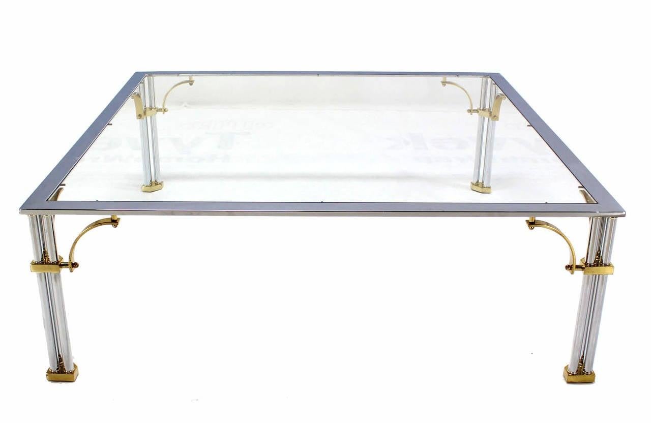 20th Century Large Square Italian Mid Century Modern Brass Chrome Glass Top Coffee Table MINT For Sale