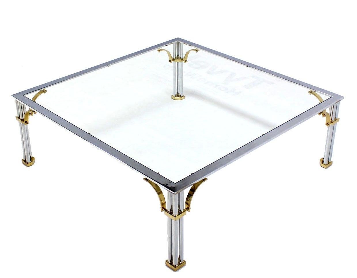 Large Square Italian Mid Century Modern Brass Chrome Glass Top Coffee Table MINT For Sale 3