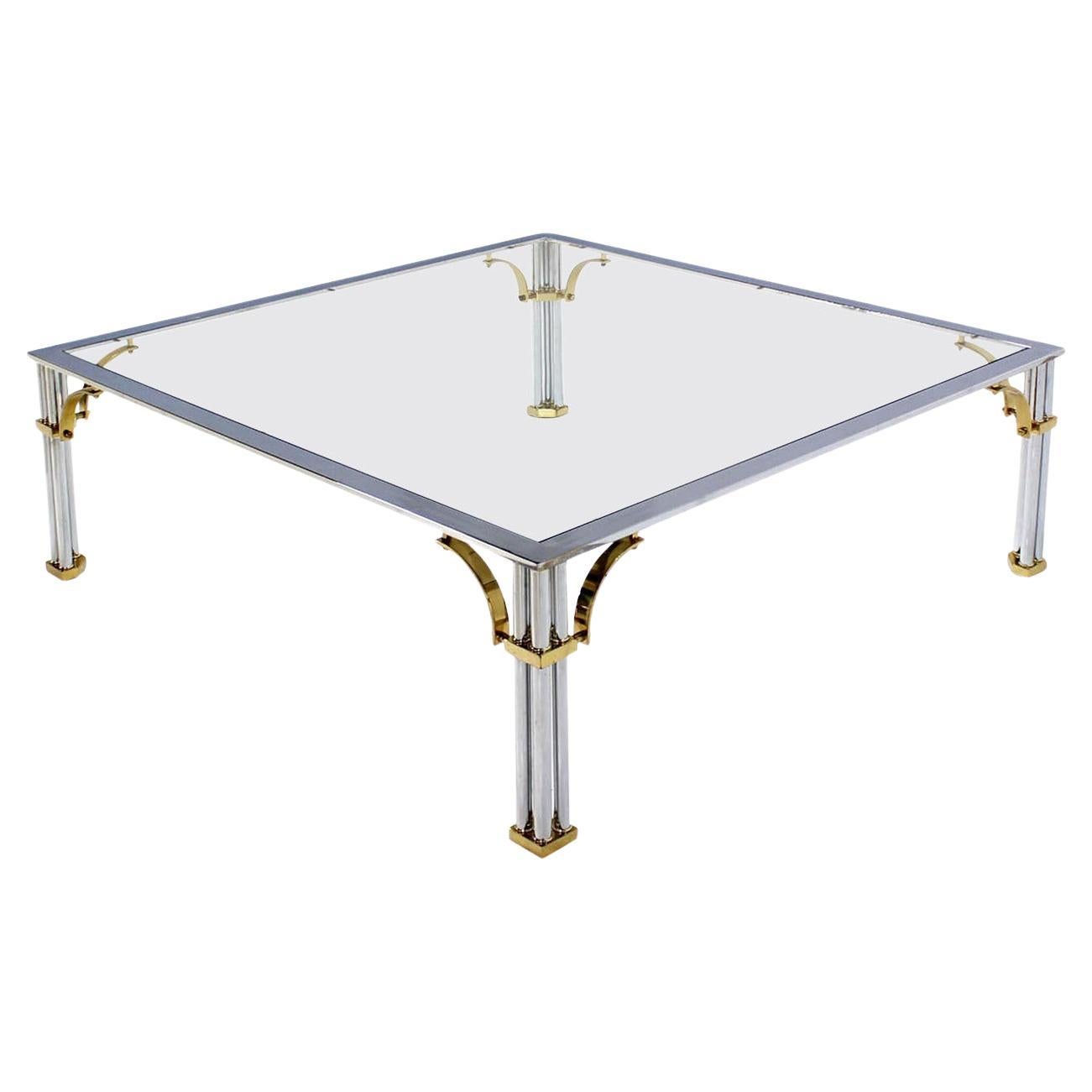 Large Square Italian Mid Century Modern Brass Chrome Glass Top Coffee Table MINT For Sale