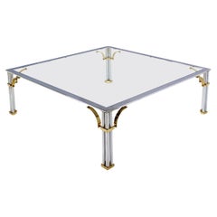 Vintage Large Square Italian Mid Century Modern Brass Chrome Glass Top Coffee Table MINT