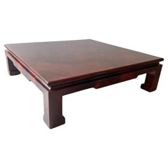 Large Square Karl Springer "Chinese Style Coffee Table" in Red Goatskin, 1980s