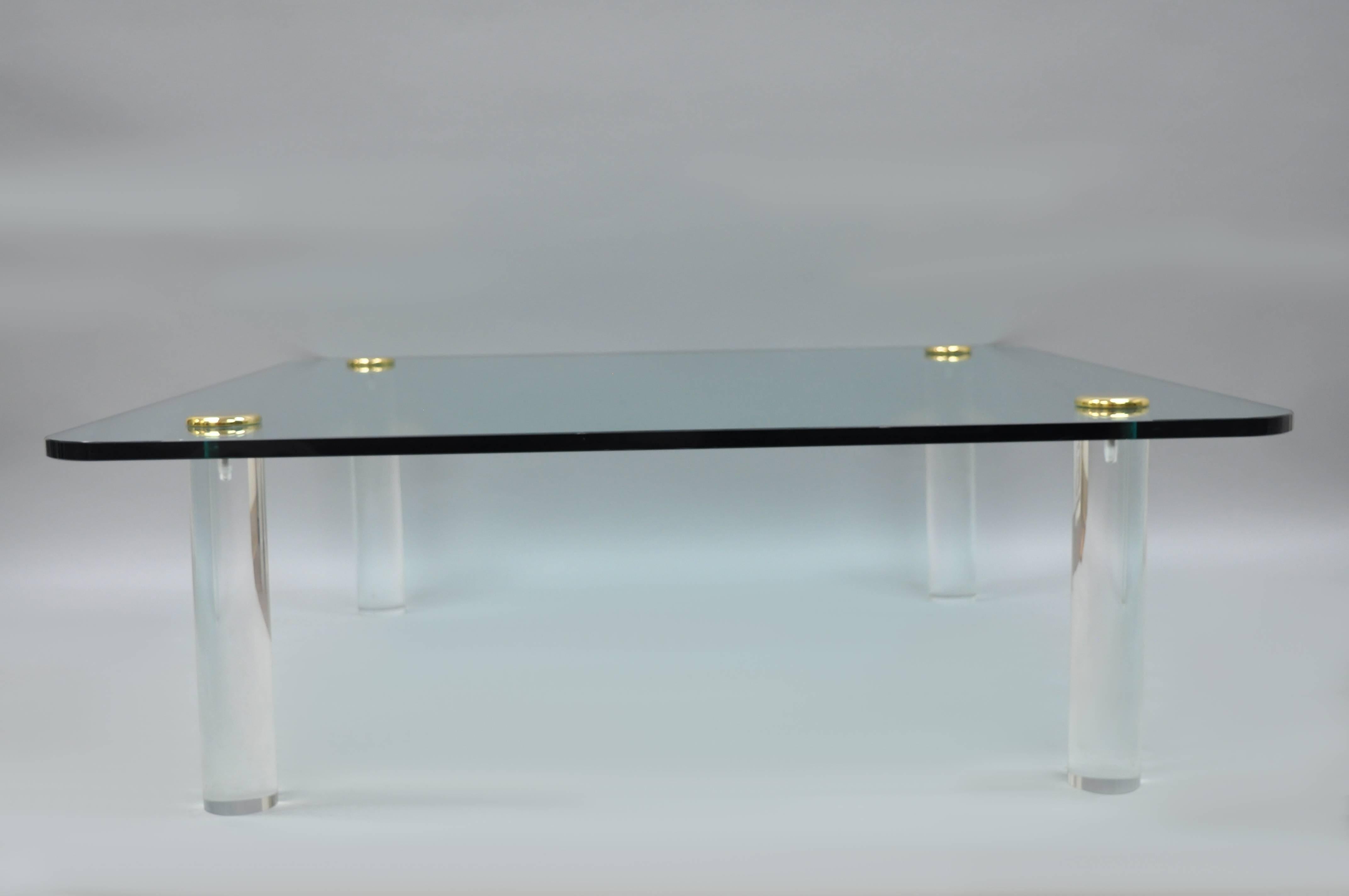 Mid Century Modern Lucite Cylinder Leg Brass Glass Coffee Cocktail Table by Pace For Sale 5