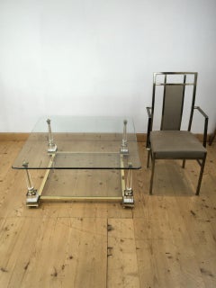 Large Square Lucite Obelisk Coffee Table with Brass and Glass