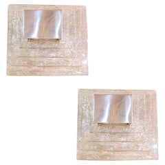 Large Square Mid-Century Modern Clear Murano Glass Sconces, Mazzega Italy 1970s