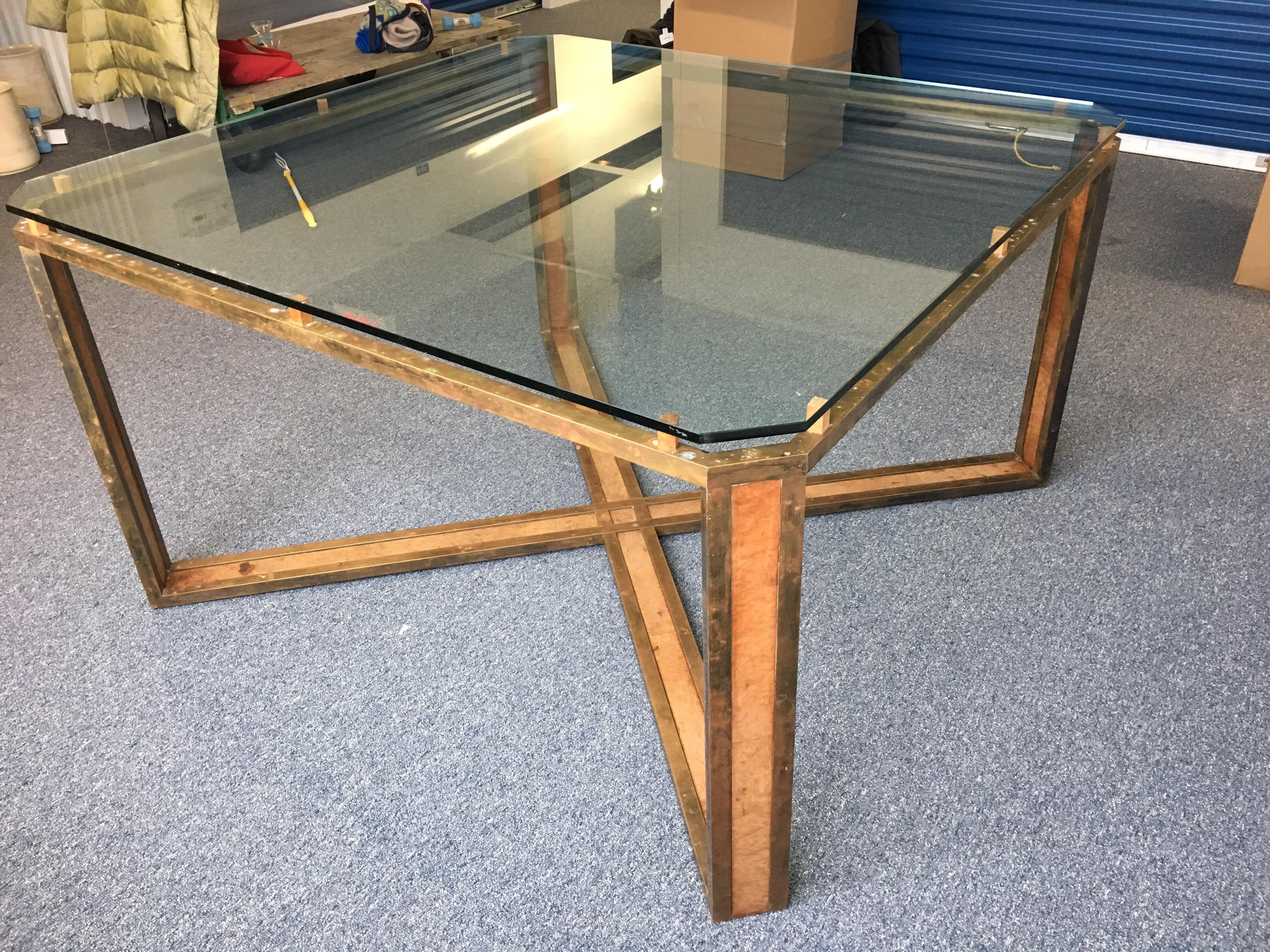 Large Square Midcentury X-Base Brass and Leather Table with Glass Top 8
