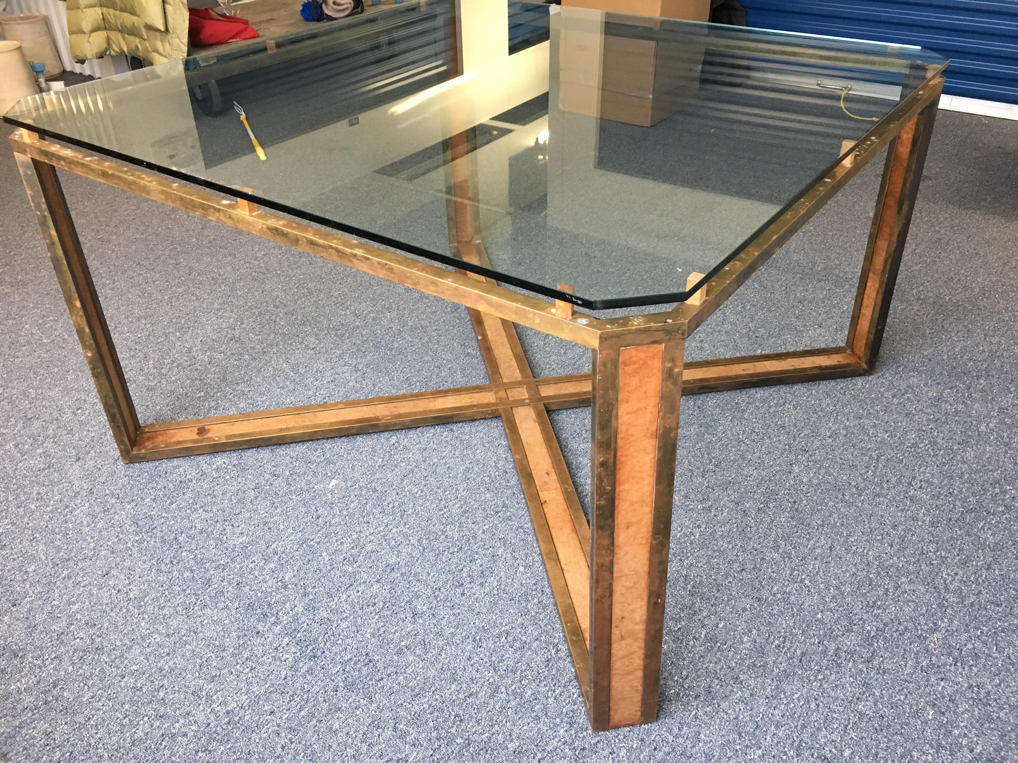 Large Square Midcentury X-Base Brass and Leather Table with Glass Top 9
