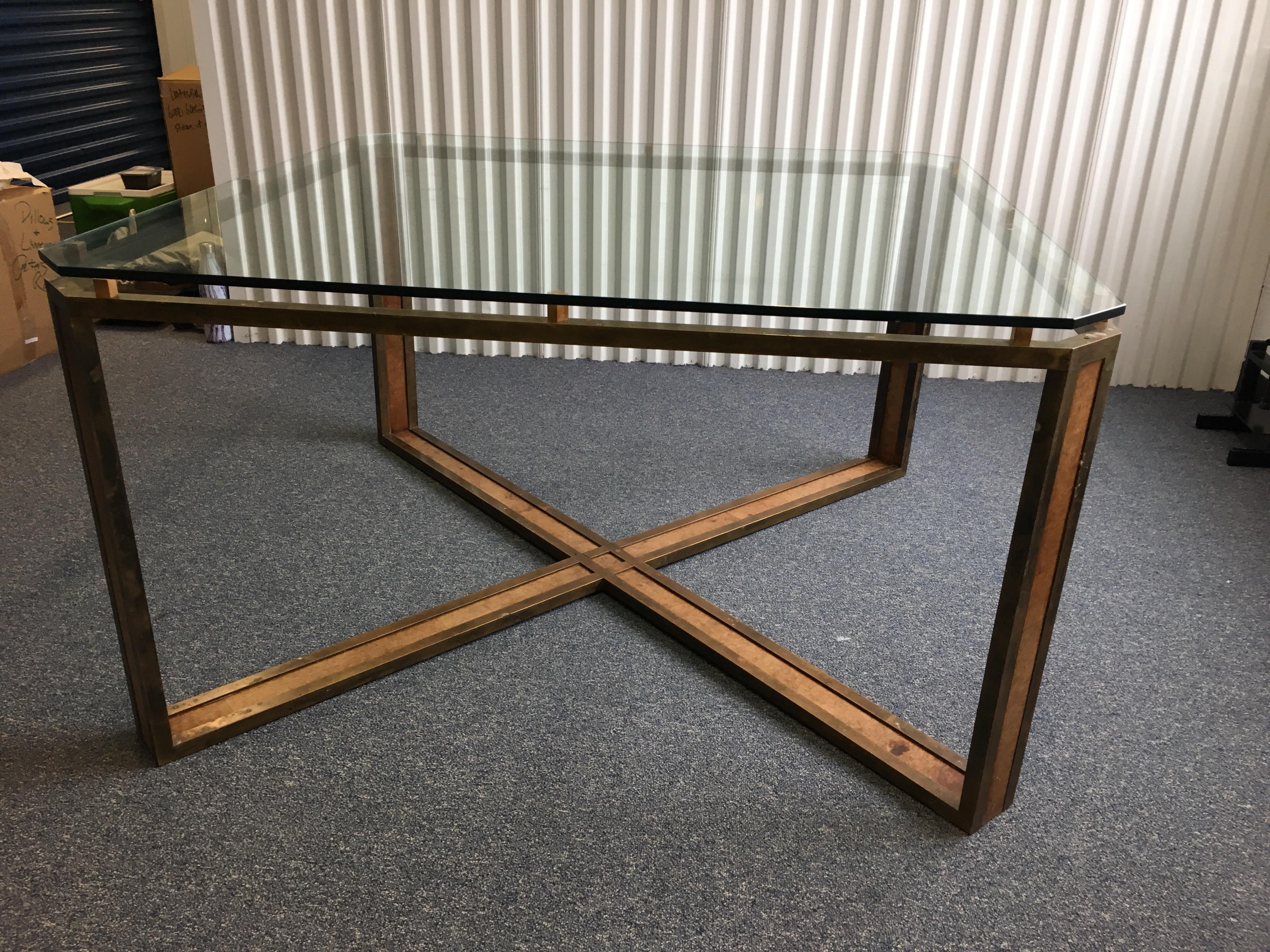 Large Square Midcentury X-Base Brass and Leather Table with Glass Top 11