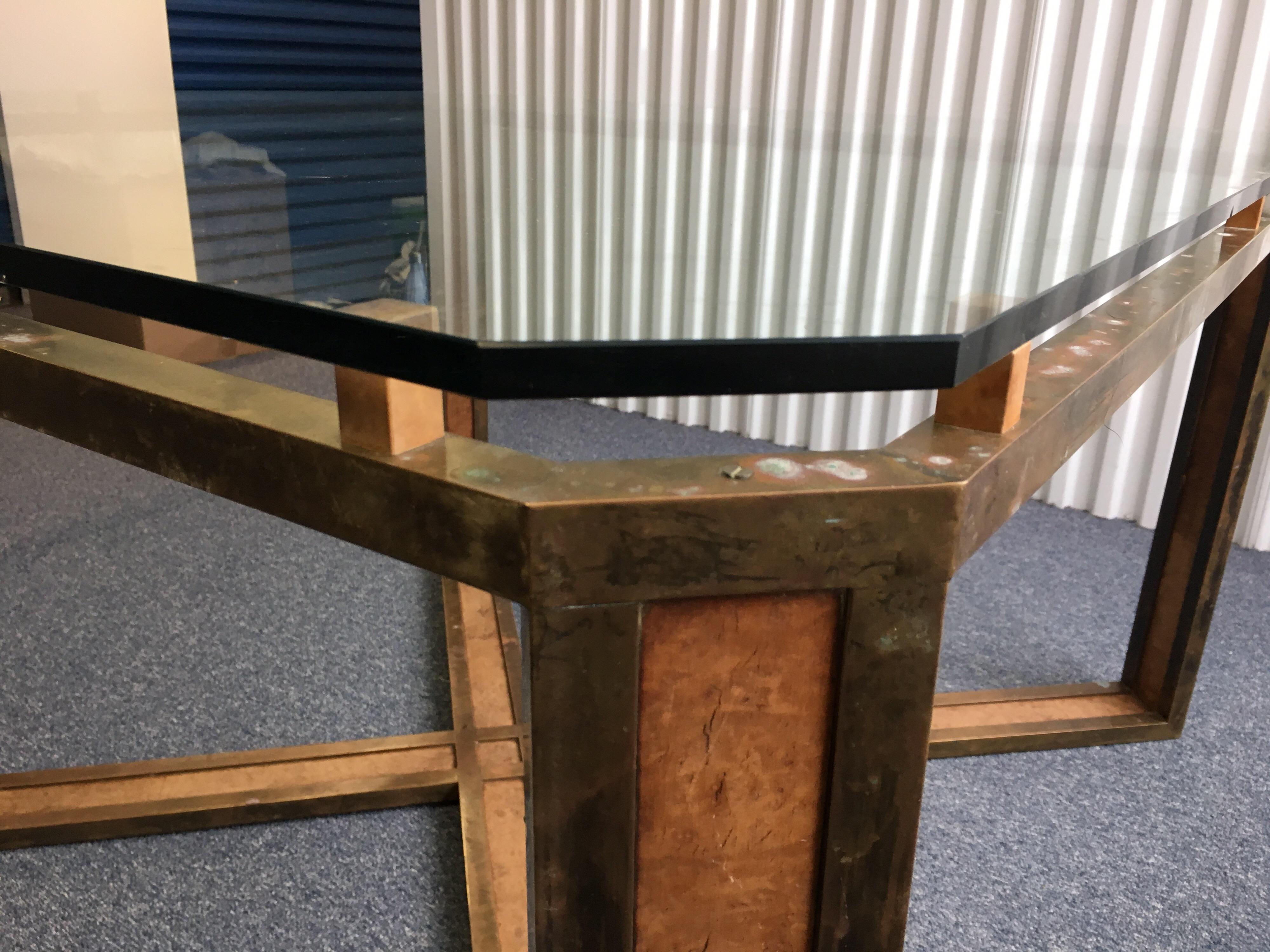 Large Square Midcentury X-Base Brass and Leather Table with Glass Top 12