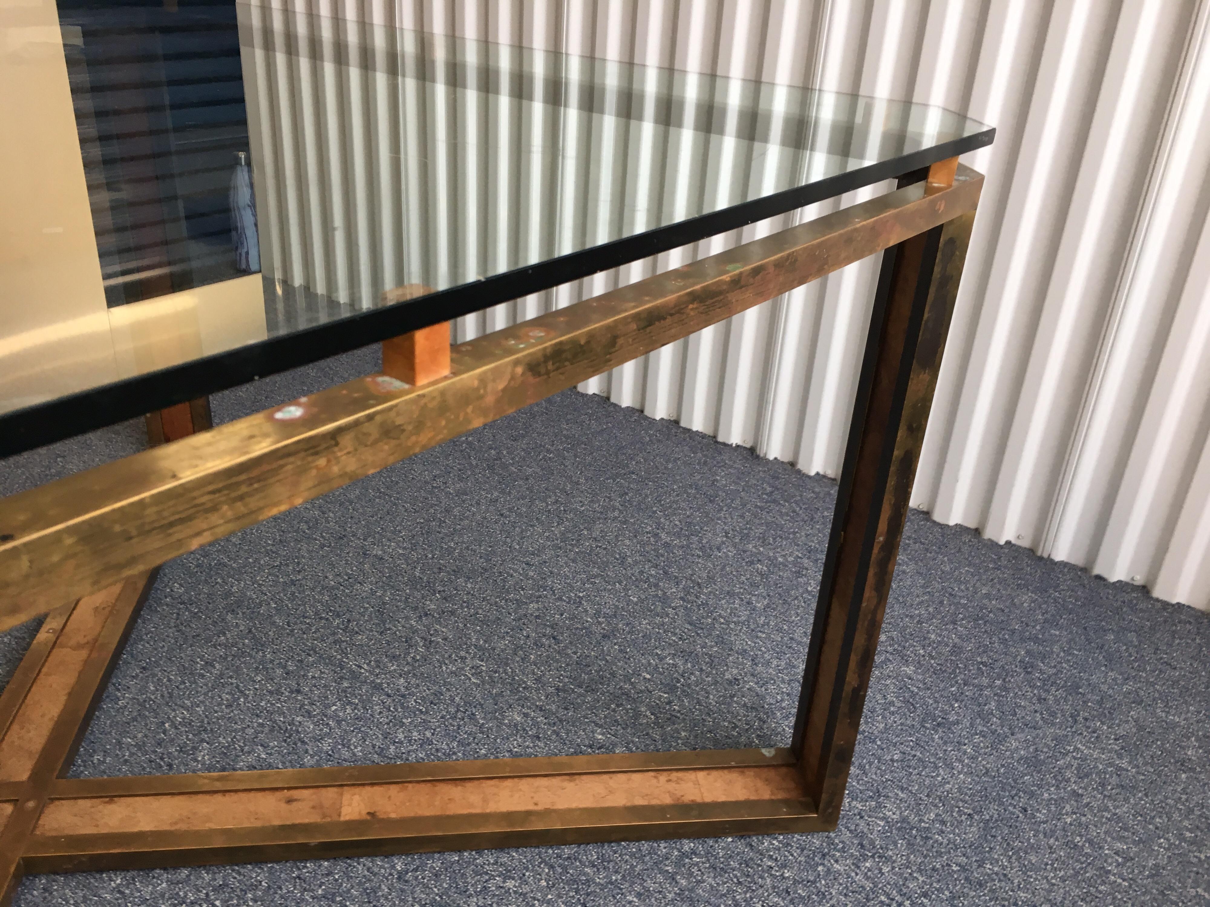 Large Square Midcentury X-Base Brass and Leather Table with Glass Top 13