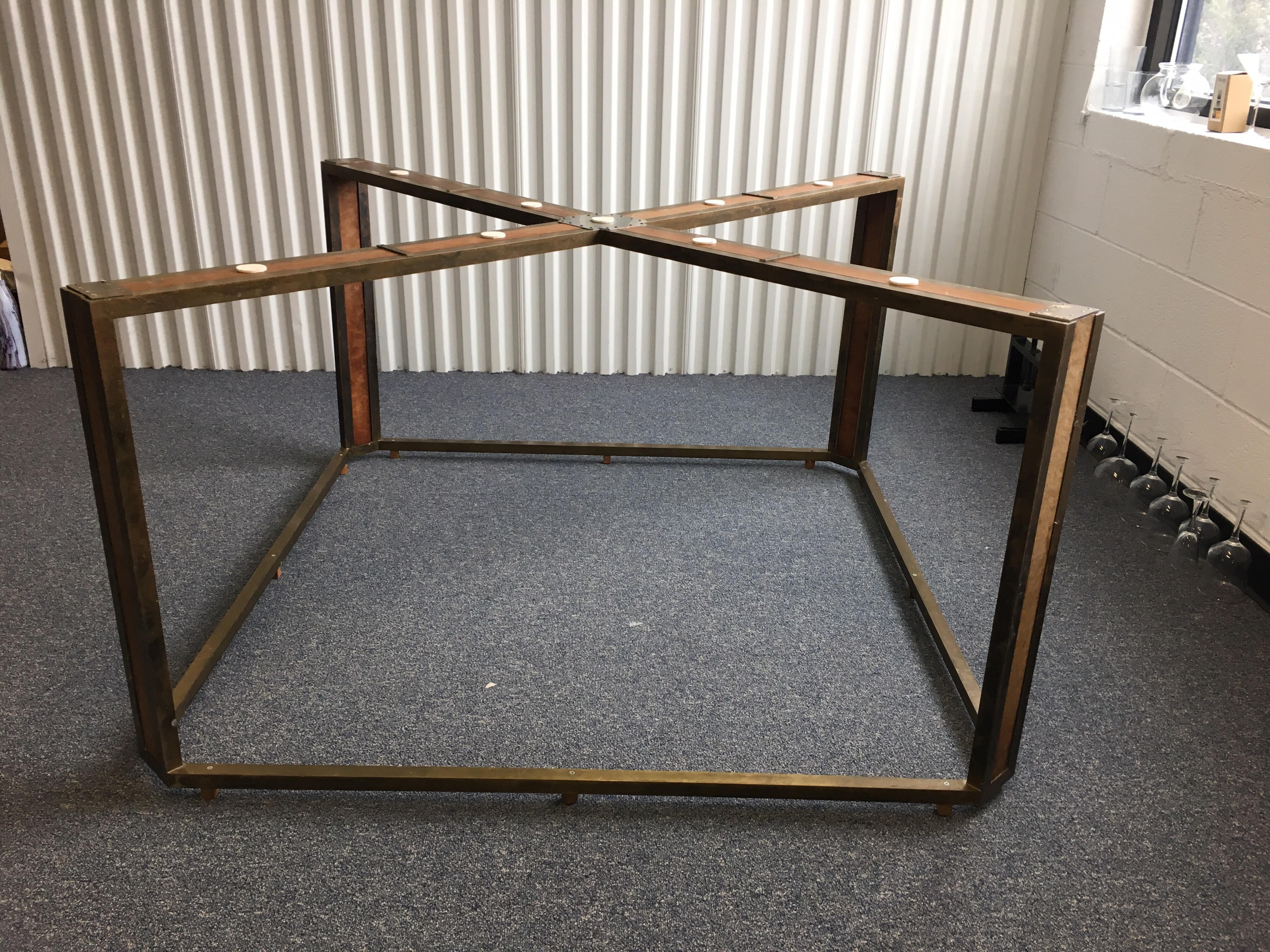Large Square Midcentury X-Base Brass and Leather Table with Glass Top 1