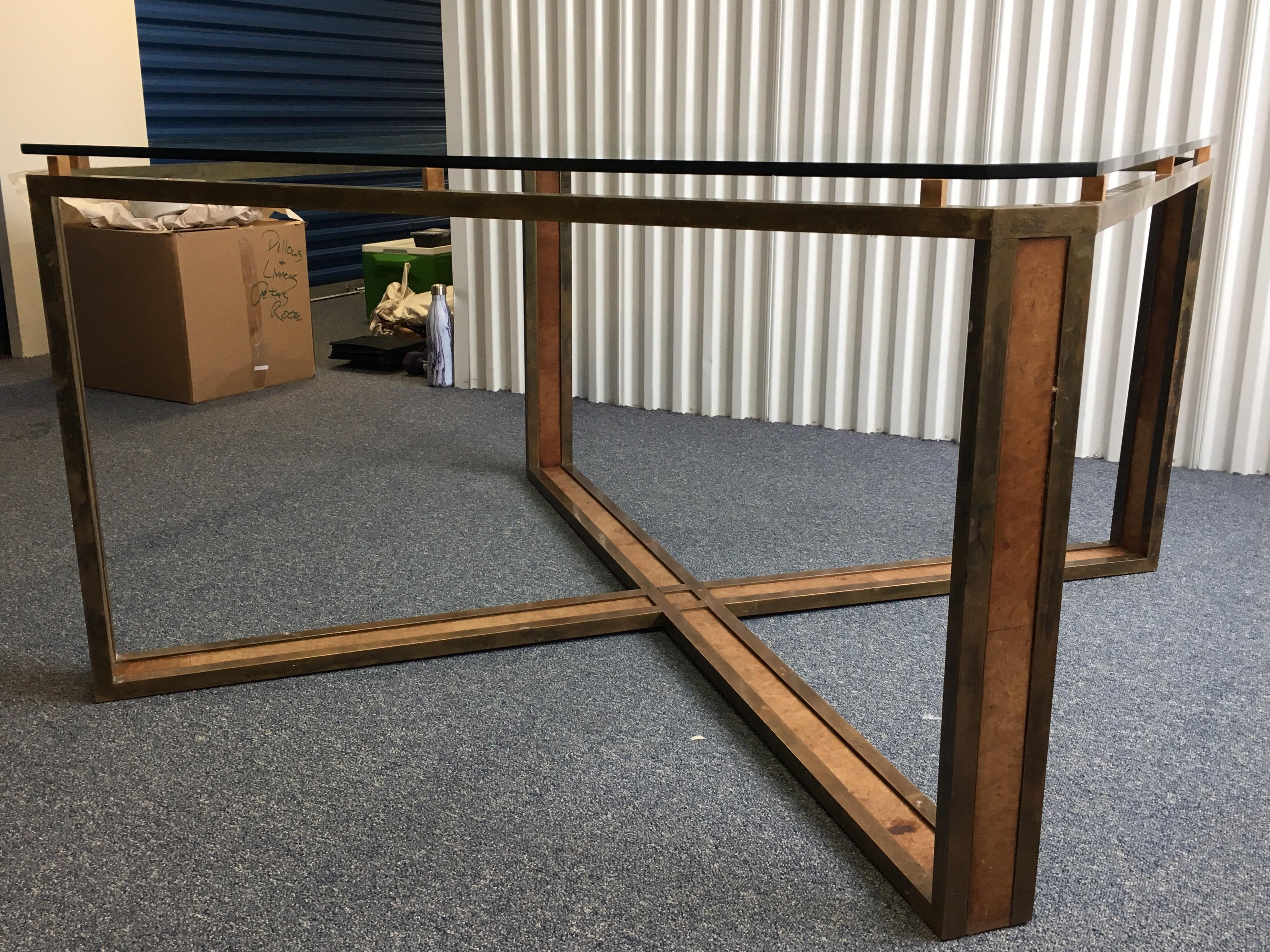 Large Square Midcentury X-Base Brass and Leather Table with Glass Top 4