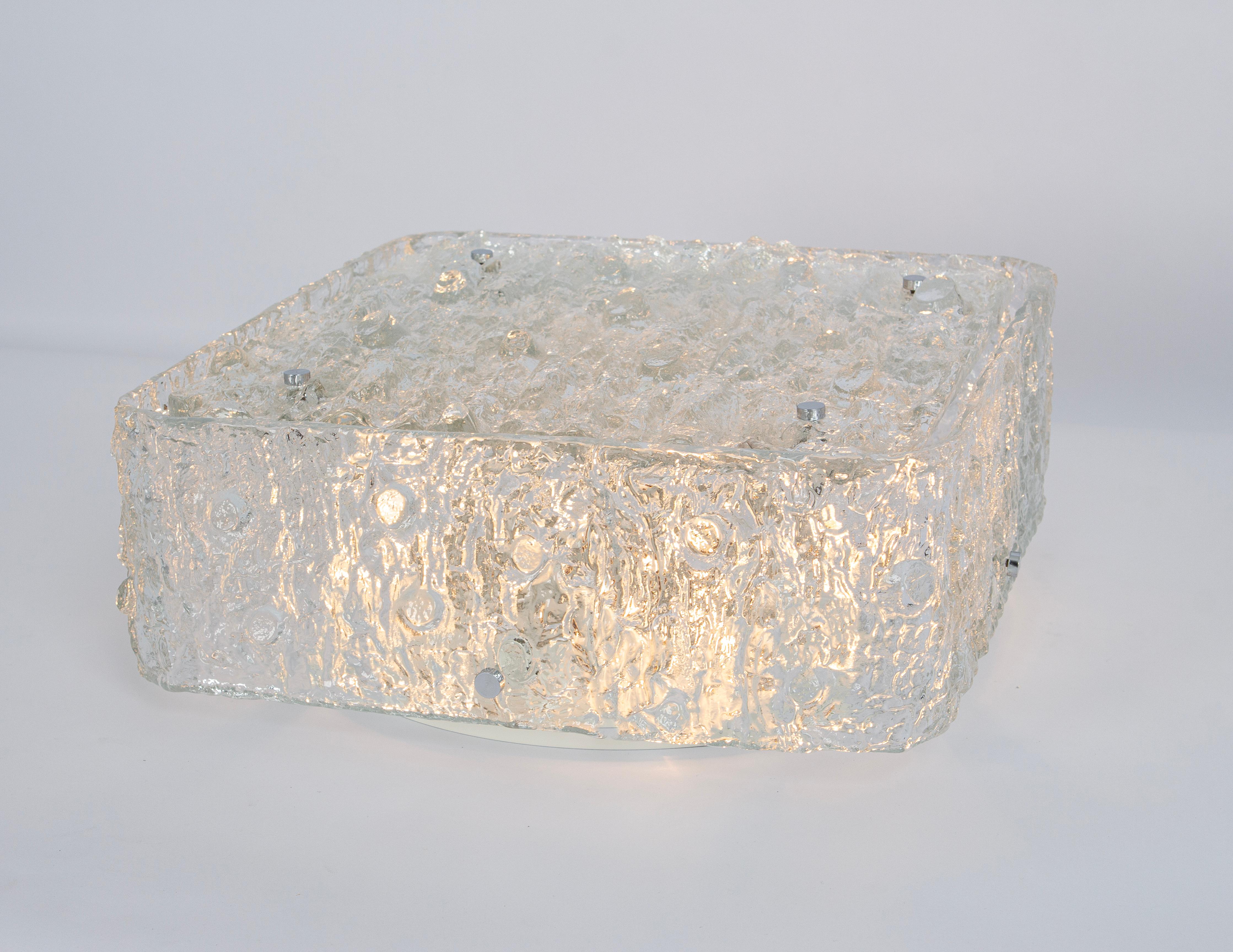 1 of 2 Large Square Murano Ice Glass Flushmount - style of Kaiser Germany 1970s For Sale 7