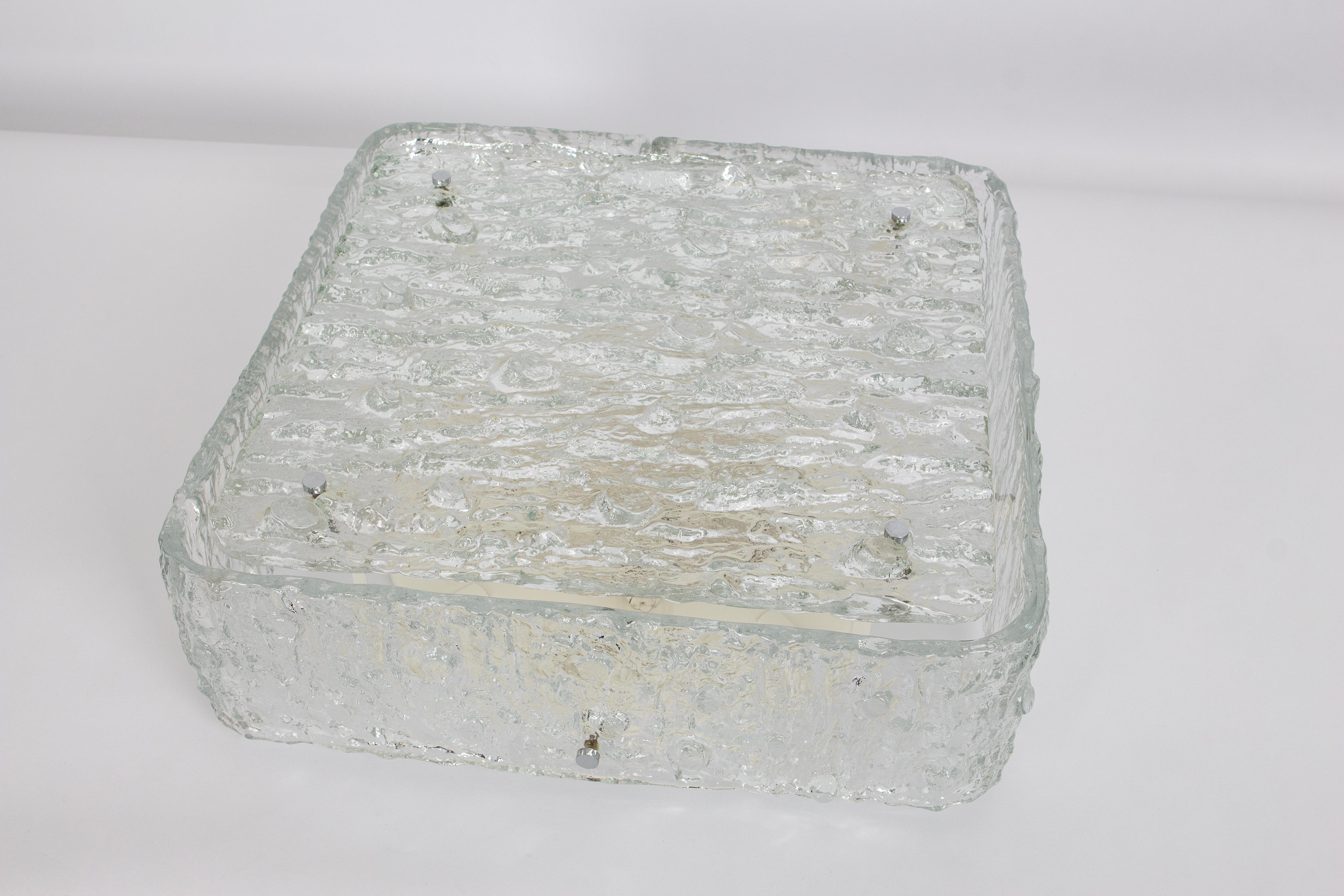 Mid-Century Modern Large Square Murano Ice Glass Flushmount in style of Kaiser, Germany, 1970s For Sale