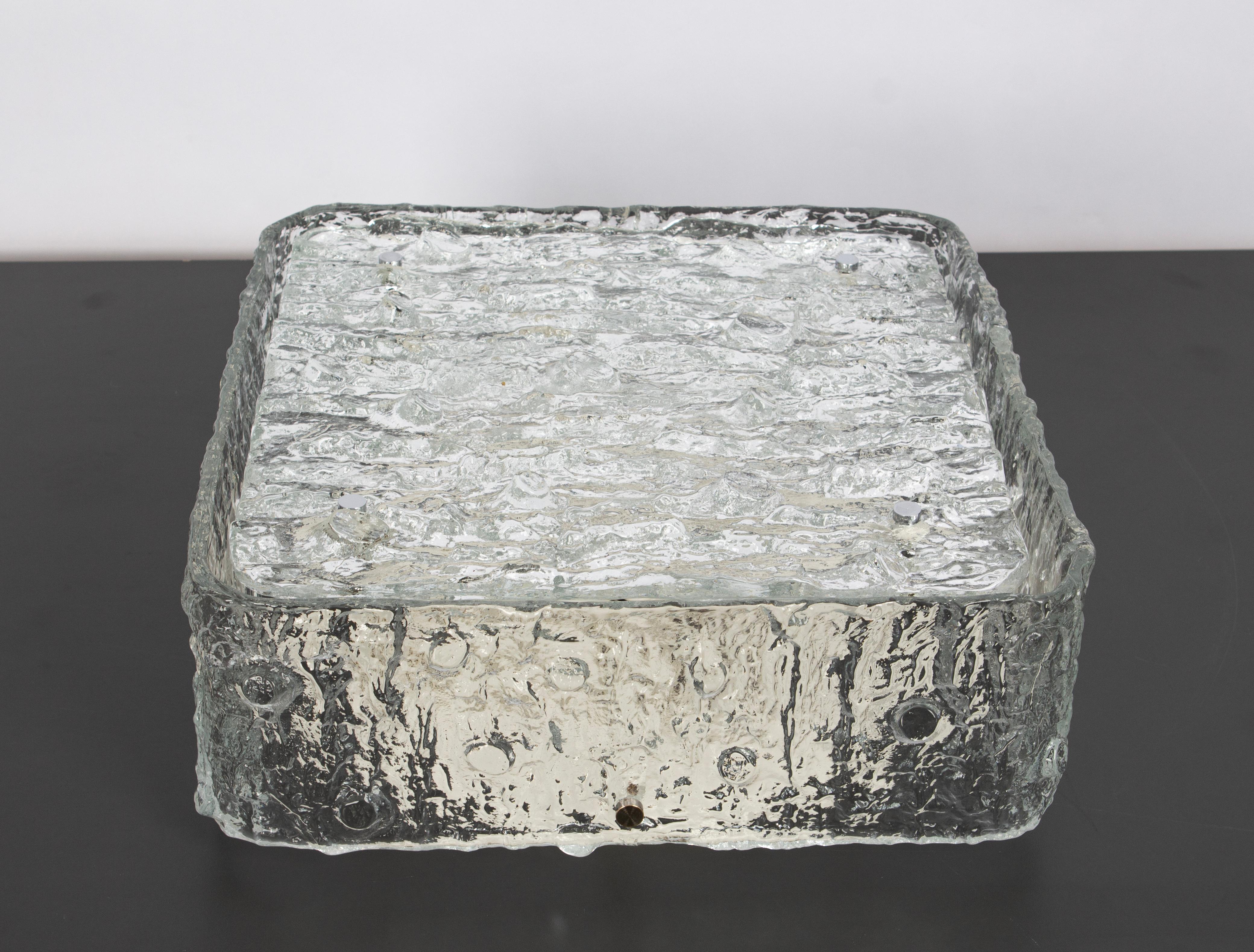 1 of 2 Large Square Murano Ice Glass Flushmount - style of Kaiser Germany 1970s In Good Condition For Sale In Aachen, NRW