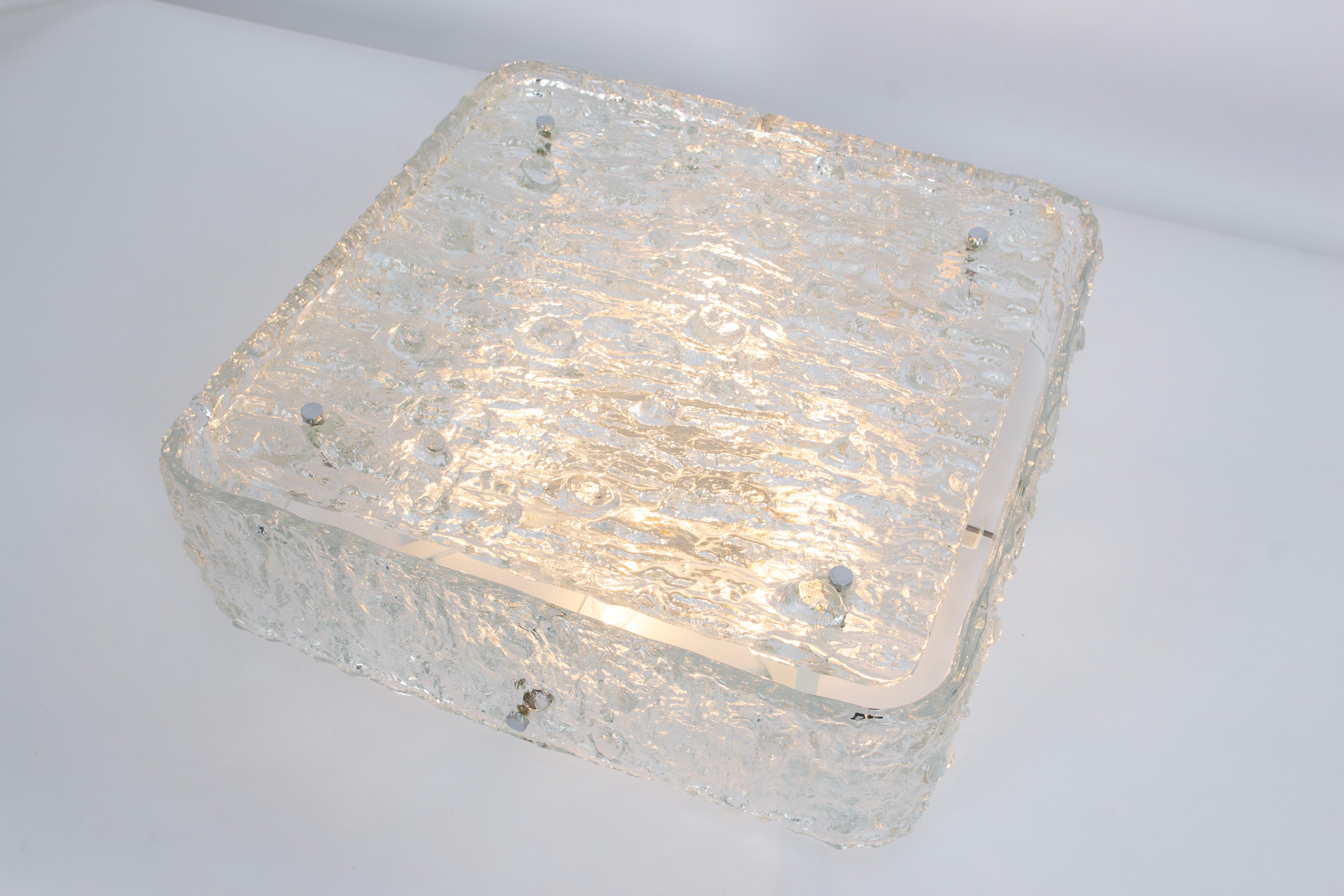 Large Square Murano Ice Glass Flushmount in style of Kaiser, Germany, 1970s In Good Condition For Sale In Aachen, NRW