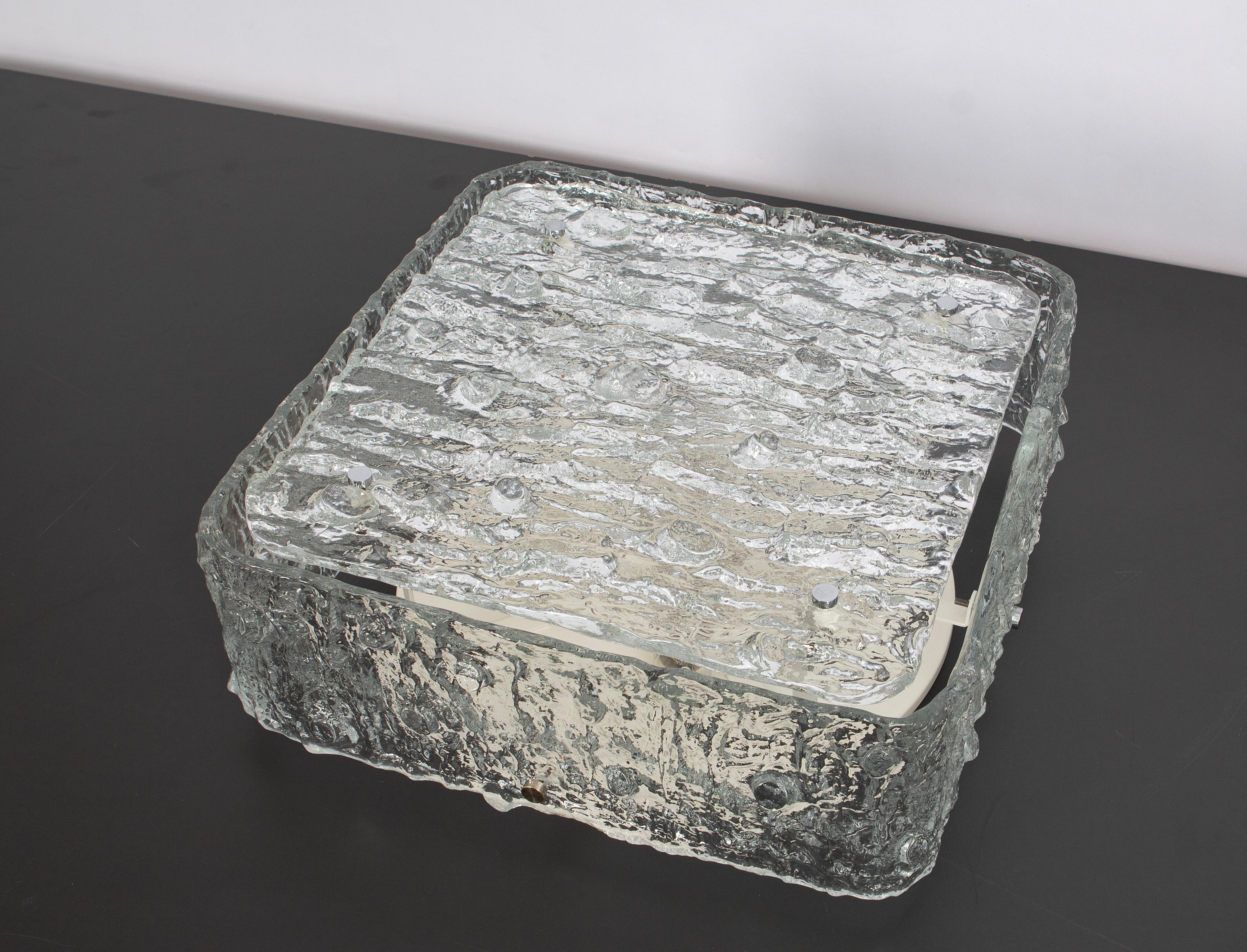 Late 20th Century 1 of 2 Large Square Murano Ice Glass Flushmount - style of Kaiser Germany 1970s For Sale