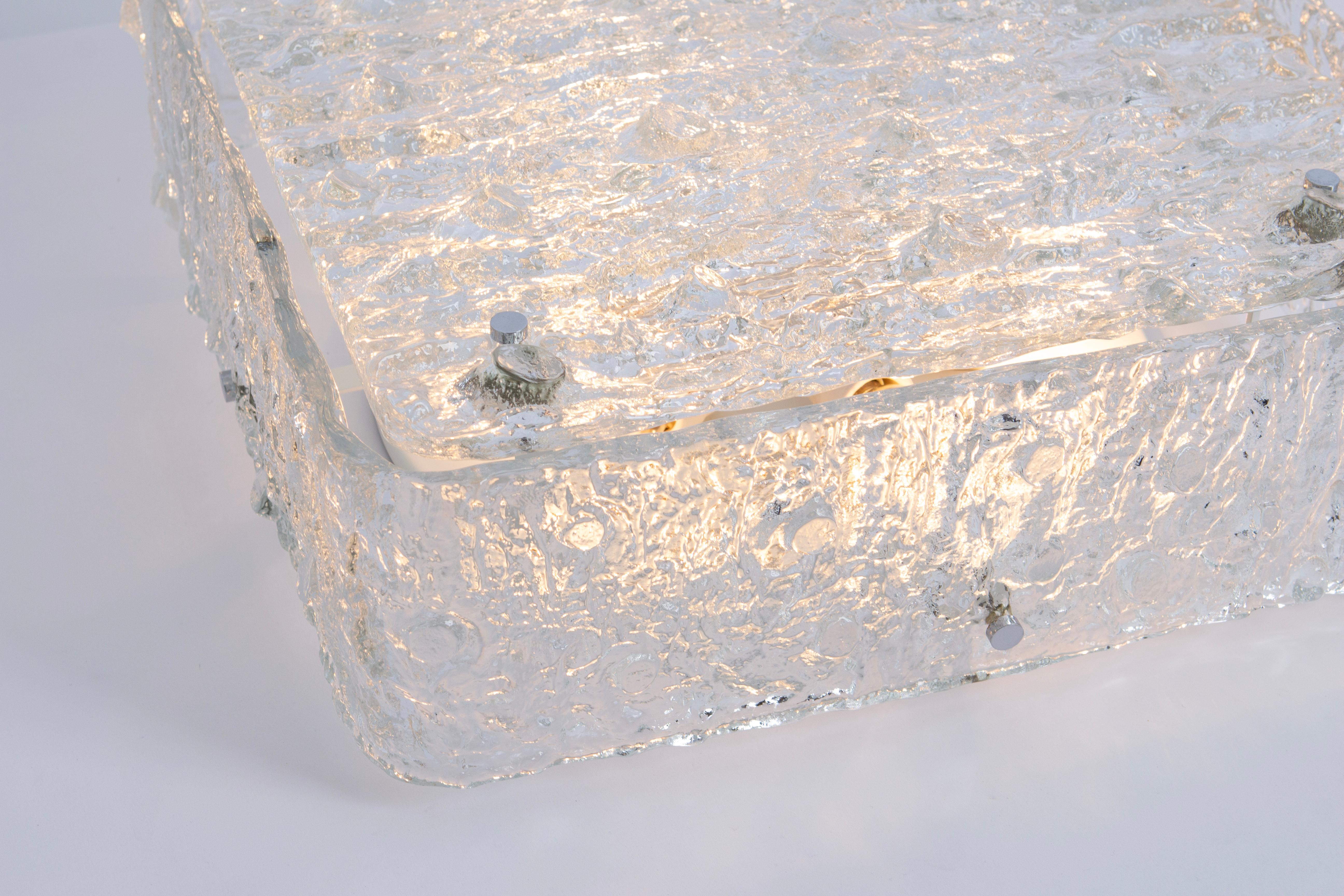 Large Square Murano Ice Glass Flushmount in style of Kaiser, Germany, 1970s For Sale 1