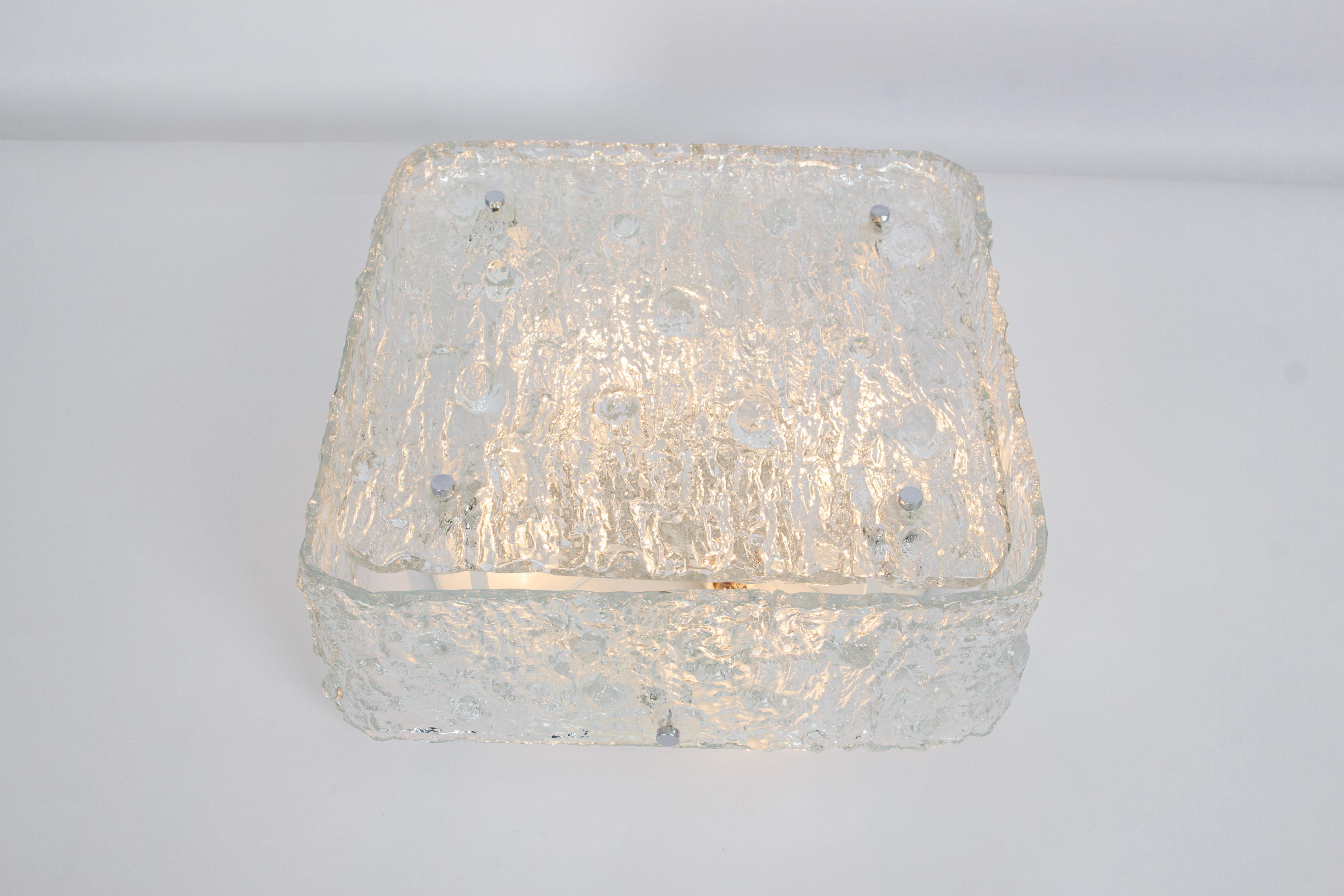1 of 2 Large Square Murano Ice Glass Flushmount - style of Kaiser Germany 1970s For Sale 2