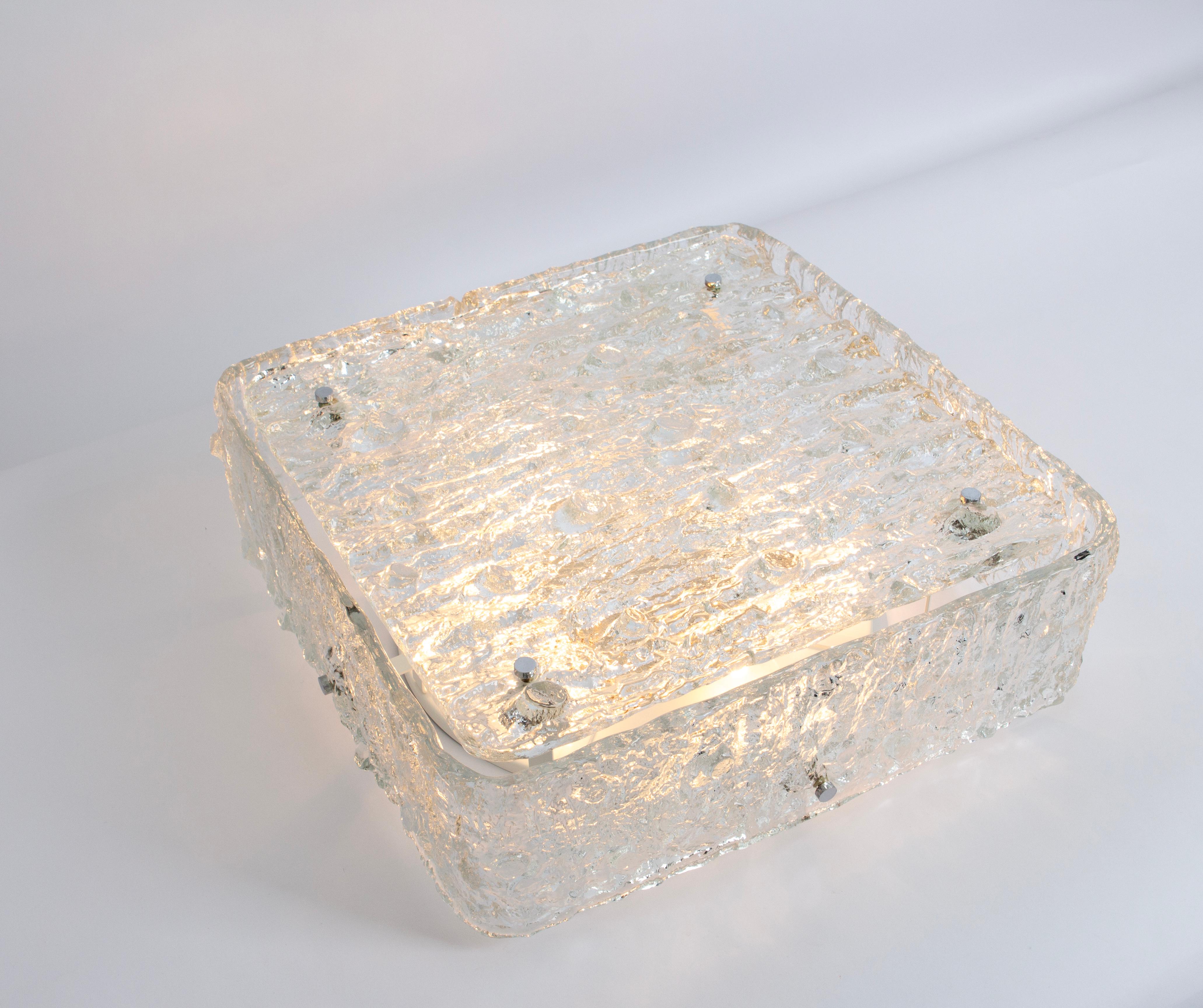 Large Square Murano Ice Glass Flushmount in style of Kaiser, Germany, 1970s For Sale 2