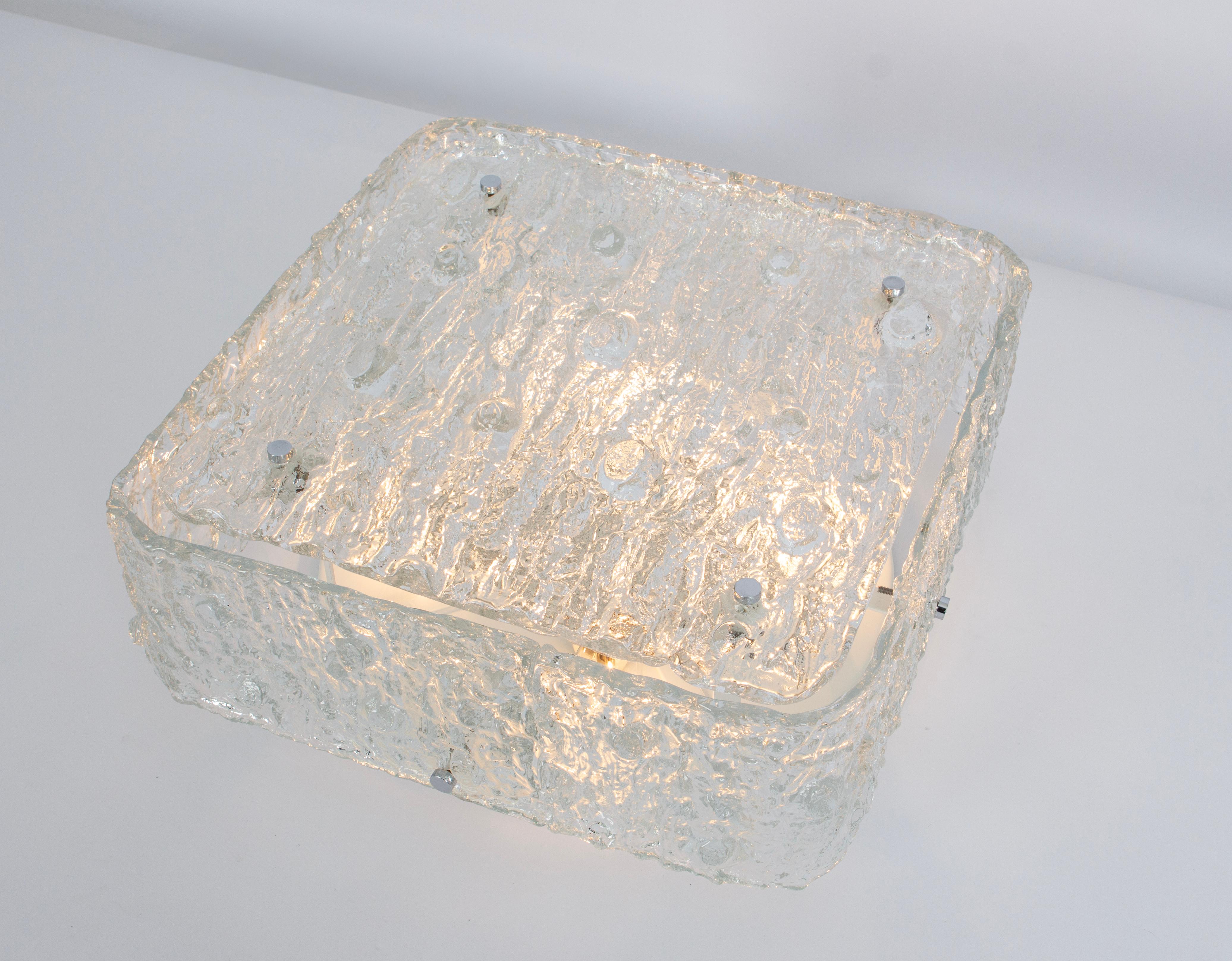 1 of 2 Large Square Murano Ice Glass Flushmount - style of Kaiser Germany 1970s For Sale 3