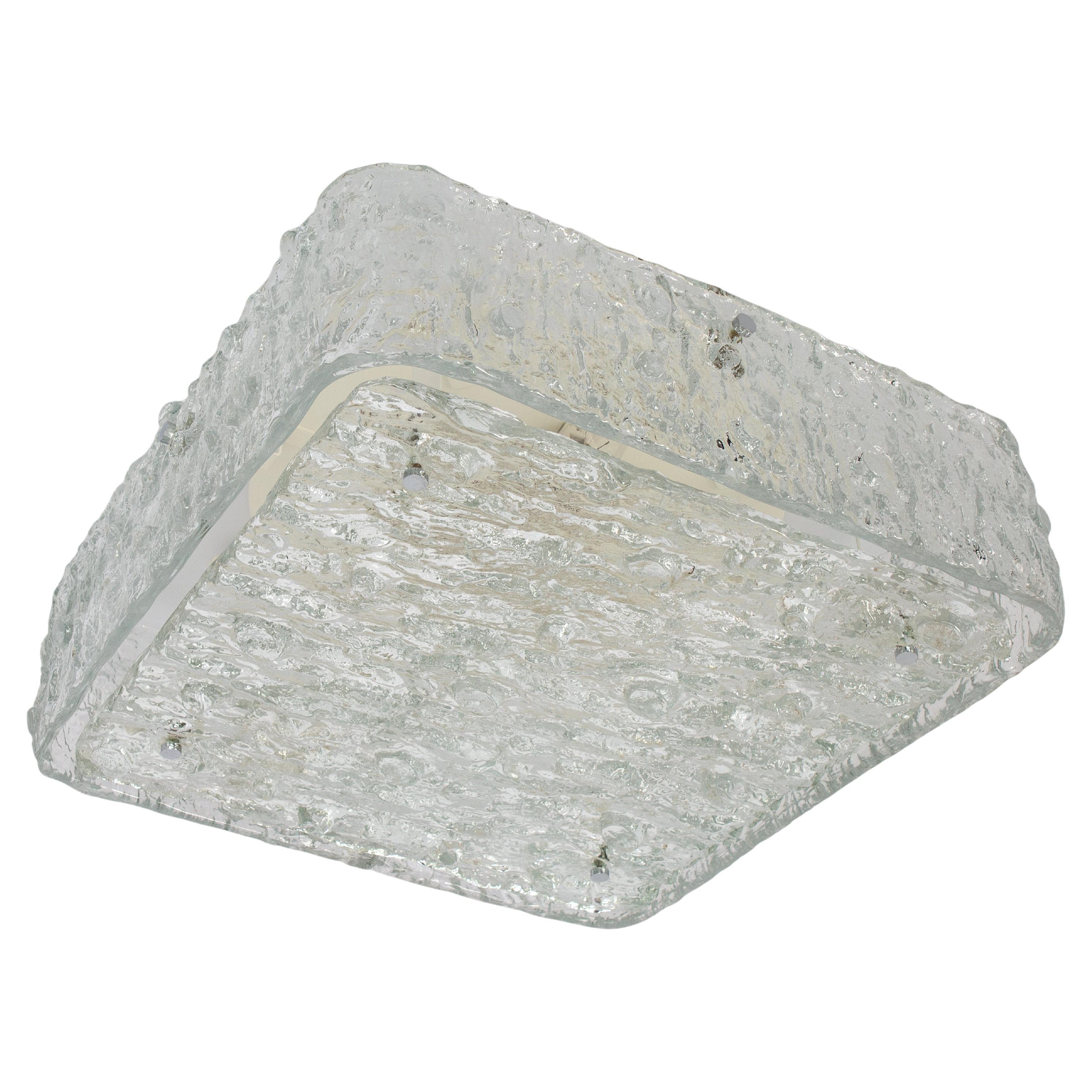 Large Square Murano Ice Glass Flushmount in style of Kaiser, Germany, 1970s