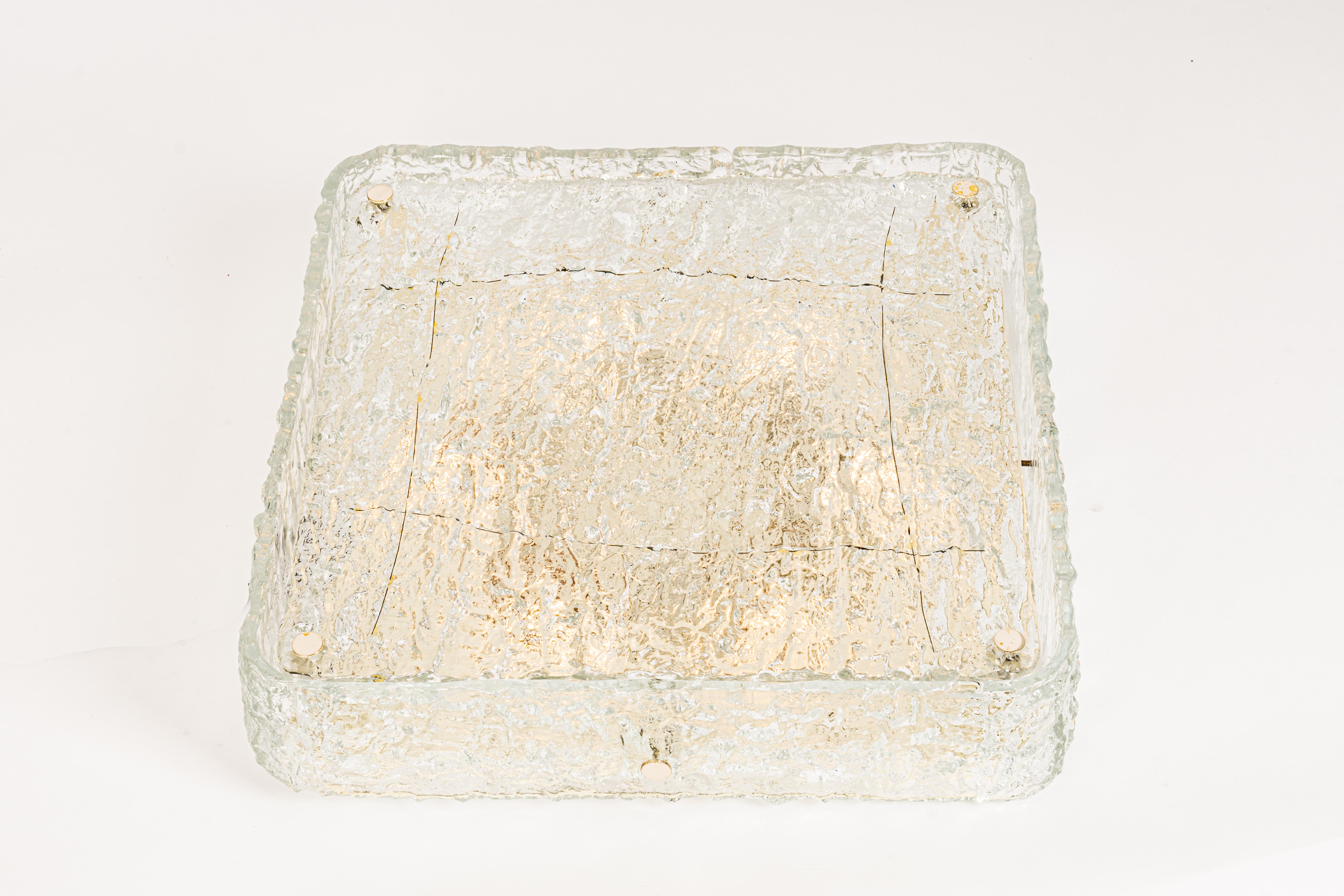 Large Square Murano Ice Glass Flushmount, Kaiser, Germany, 1970s For Sale 1