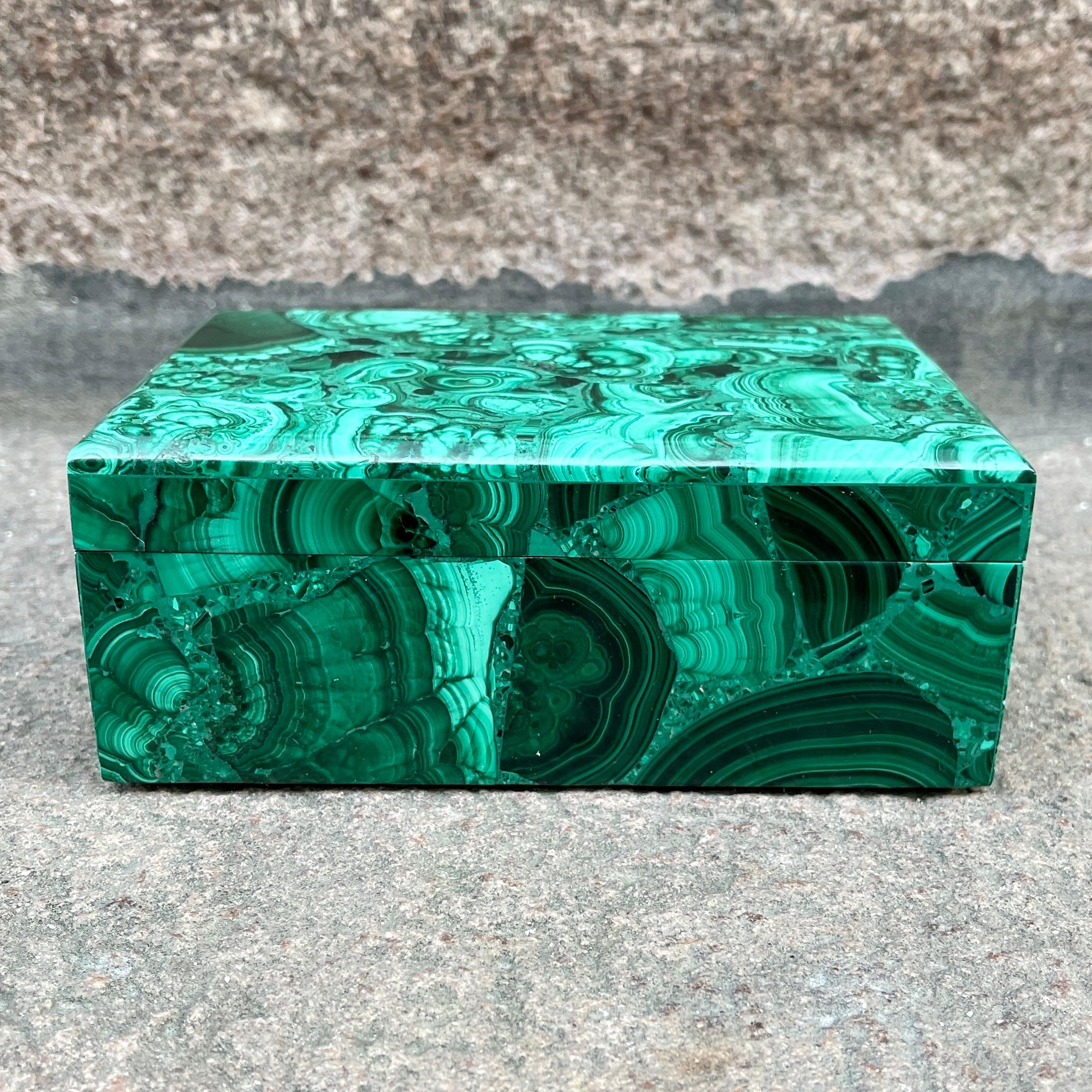 American Large Square Natural Malachite Jewelry or Vanity Box For Sale