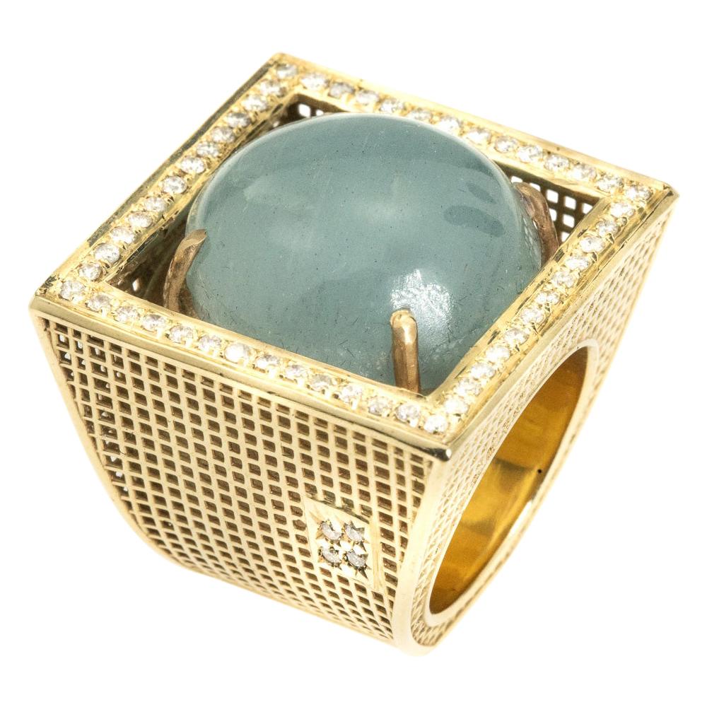  14 Karat Yellow Gold, Unique  Square, Contemporary Ring, Aquamarine, Diamonds