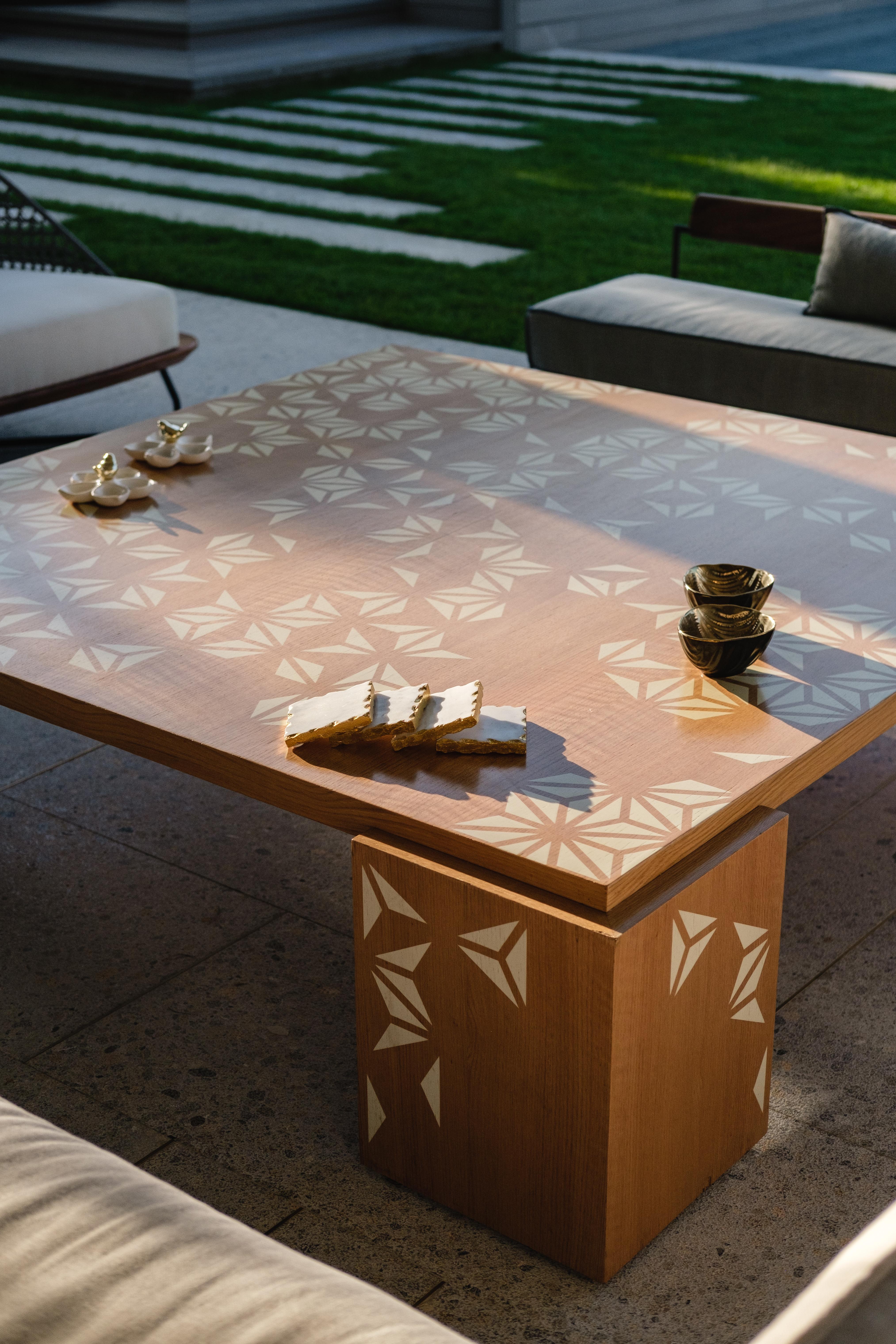 Egyptian Large Square Oak Wood Coffee Table with Asymmetric Stenciled Design For Sale