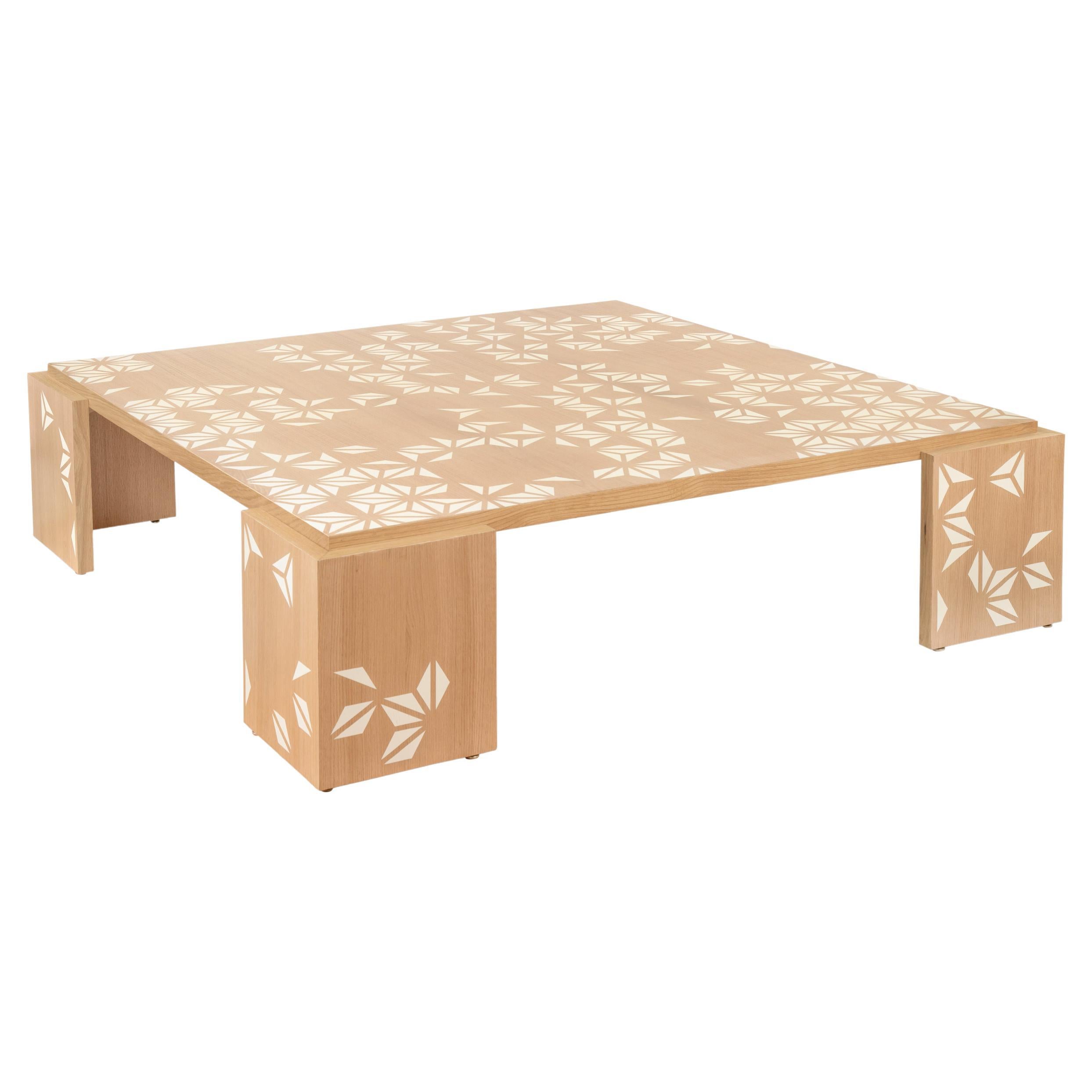 Large Square Oak Wood Coffee Table with Asymmetric Stenciled Design For Sale