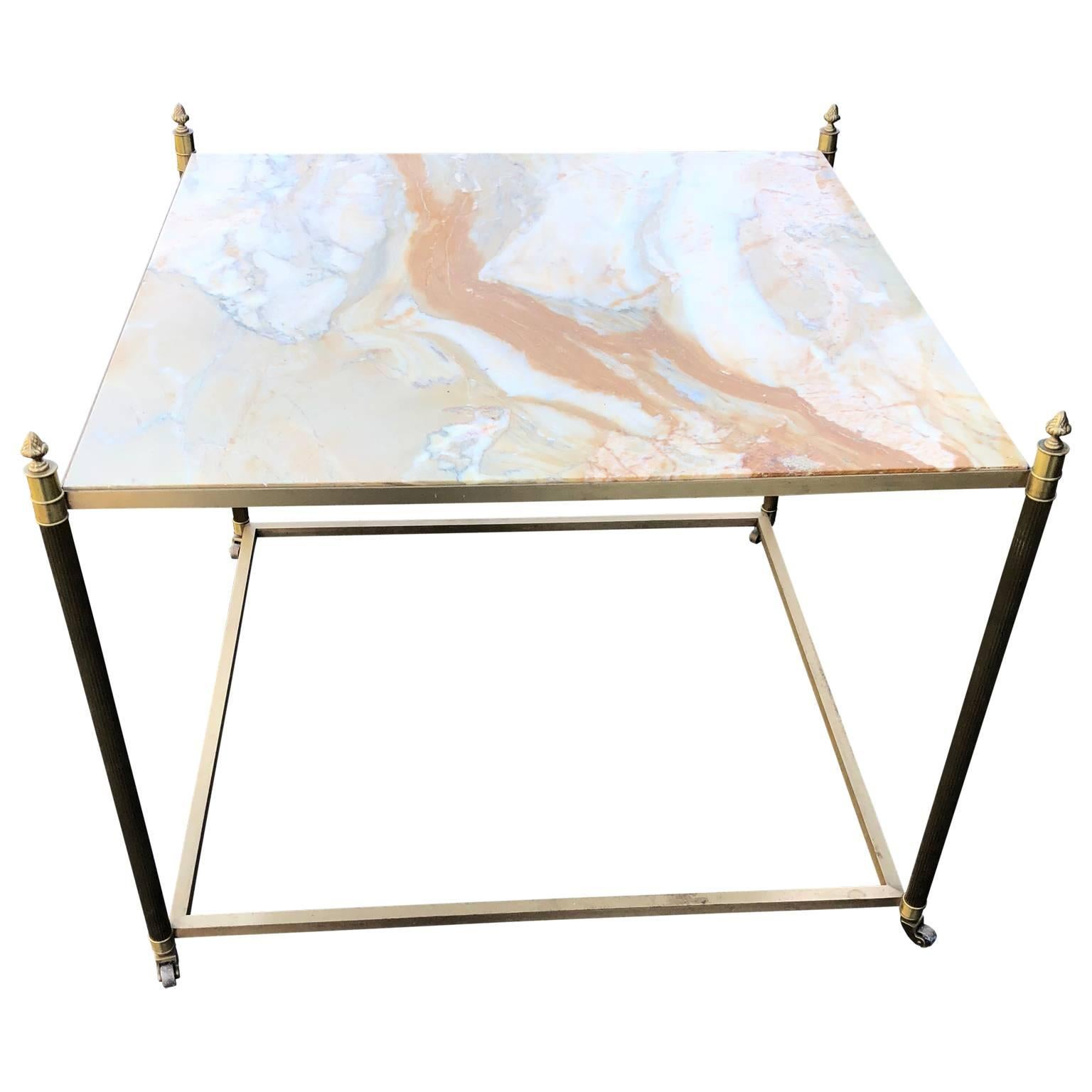 Neoclassical Large Square Onyx and Brass Coffee, Sofa or Cocktail Table by Maison Bagués For Sale