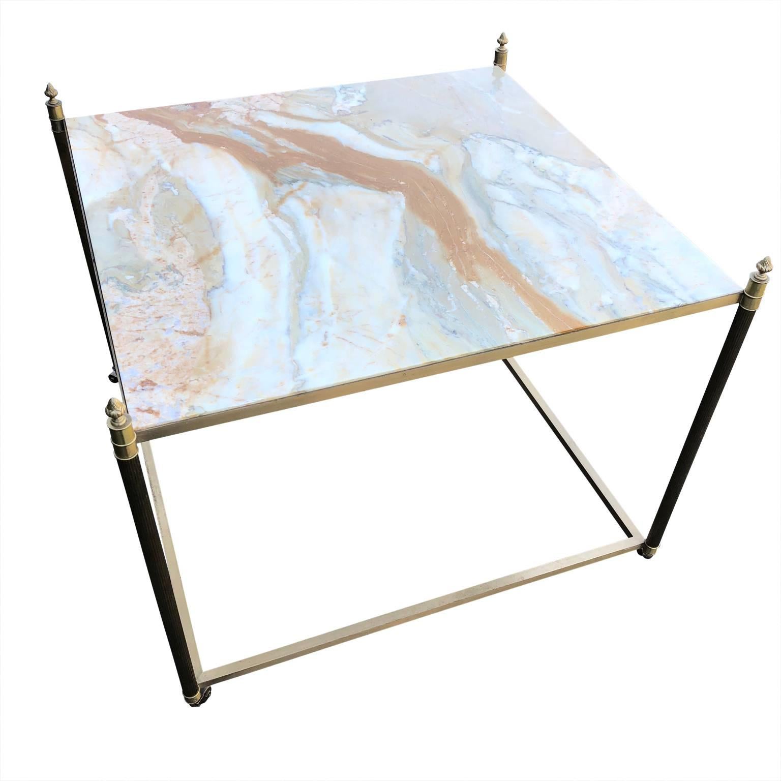 French Large Square Onyx and Brass Coffee, Sofa or Cocktail Table by Maison Bagués For Sale