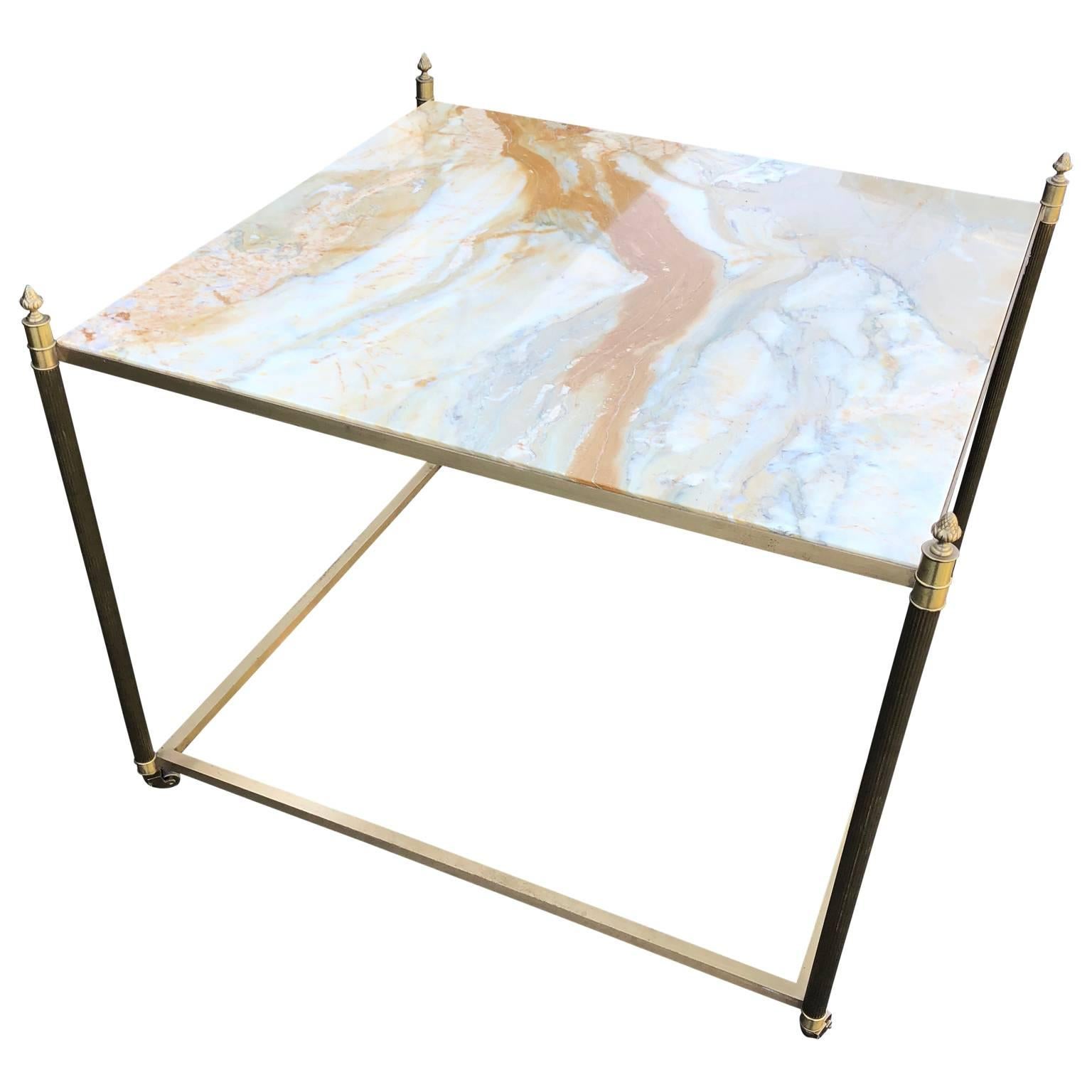 20th Century Large Square Onyx and Brass Coffee, Sofa or Cocktail Table by Maison Bagués For Sale