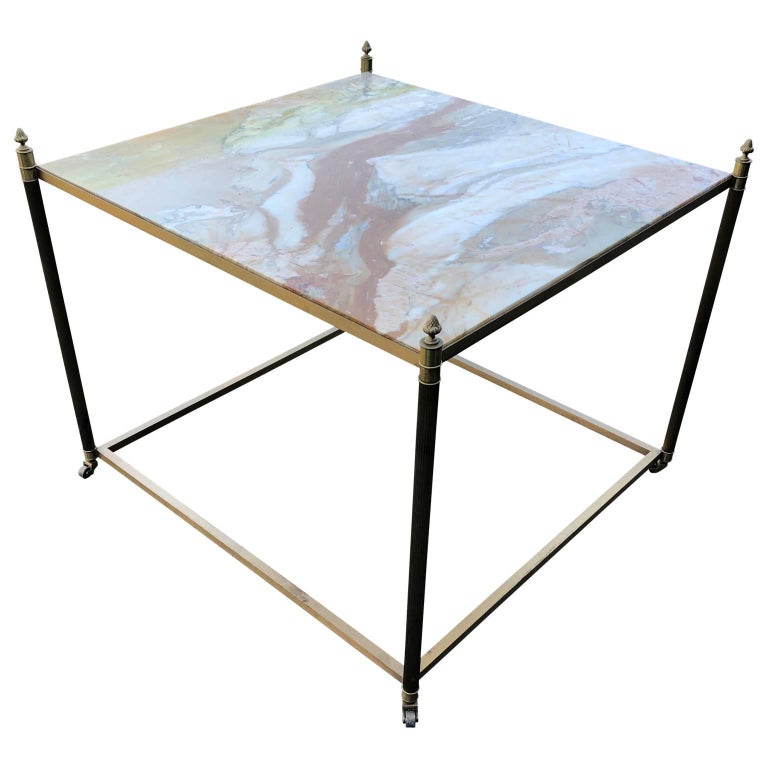 Large Square Onyx and Brass Coffee, Sofa or Cocktail Table by Maison