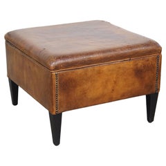 Large Square Ottoman Made of Sheepskin Leather with Decorative Nails