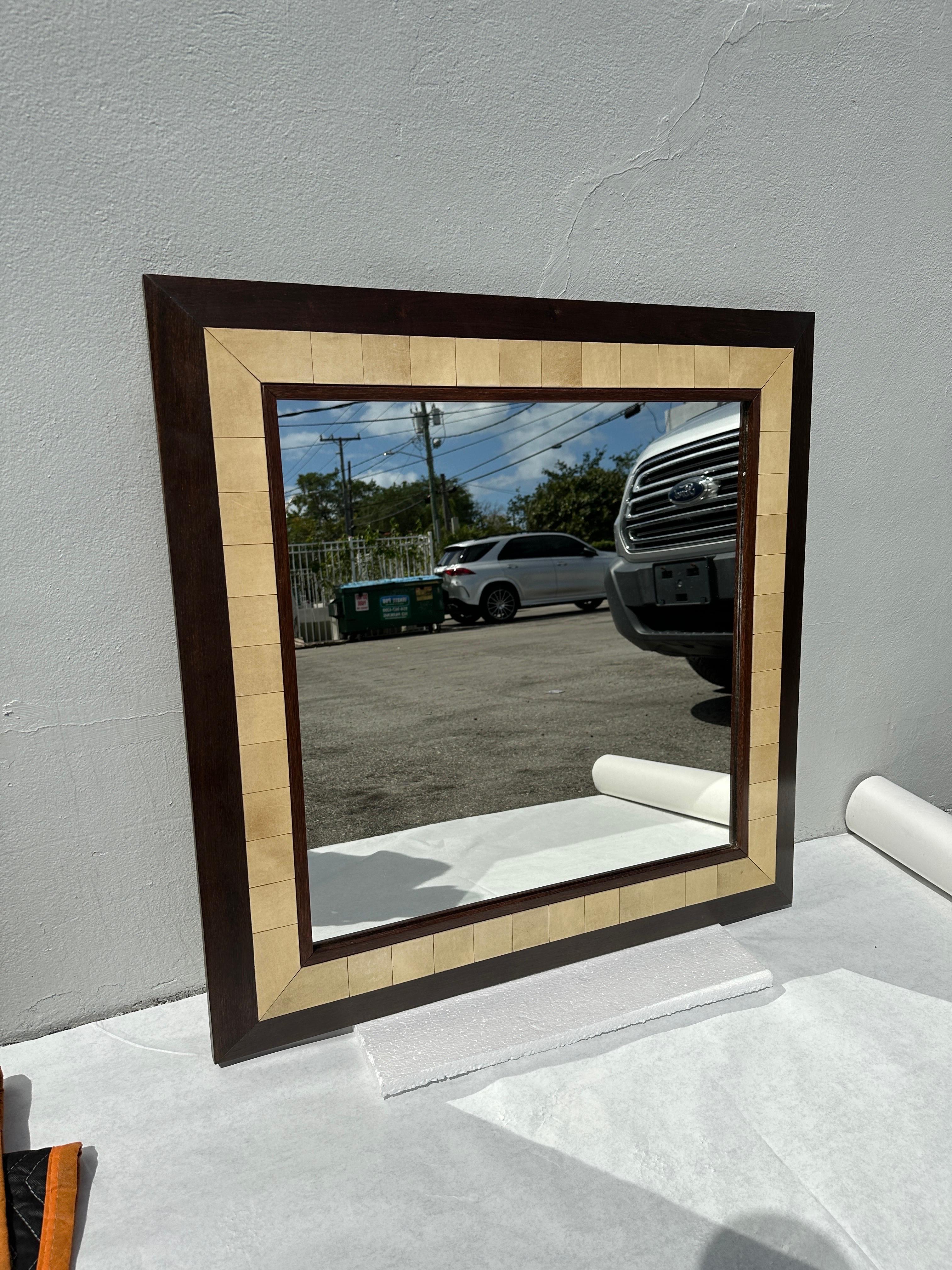 Large Square Parchment and Exotic Wood Framed Mirror by Ron Seff For Sale 5